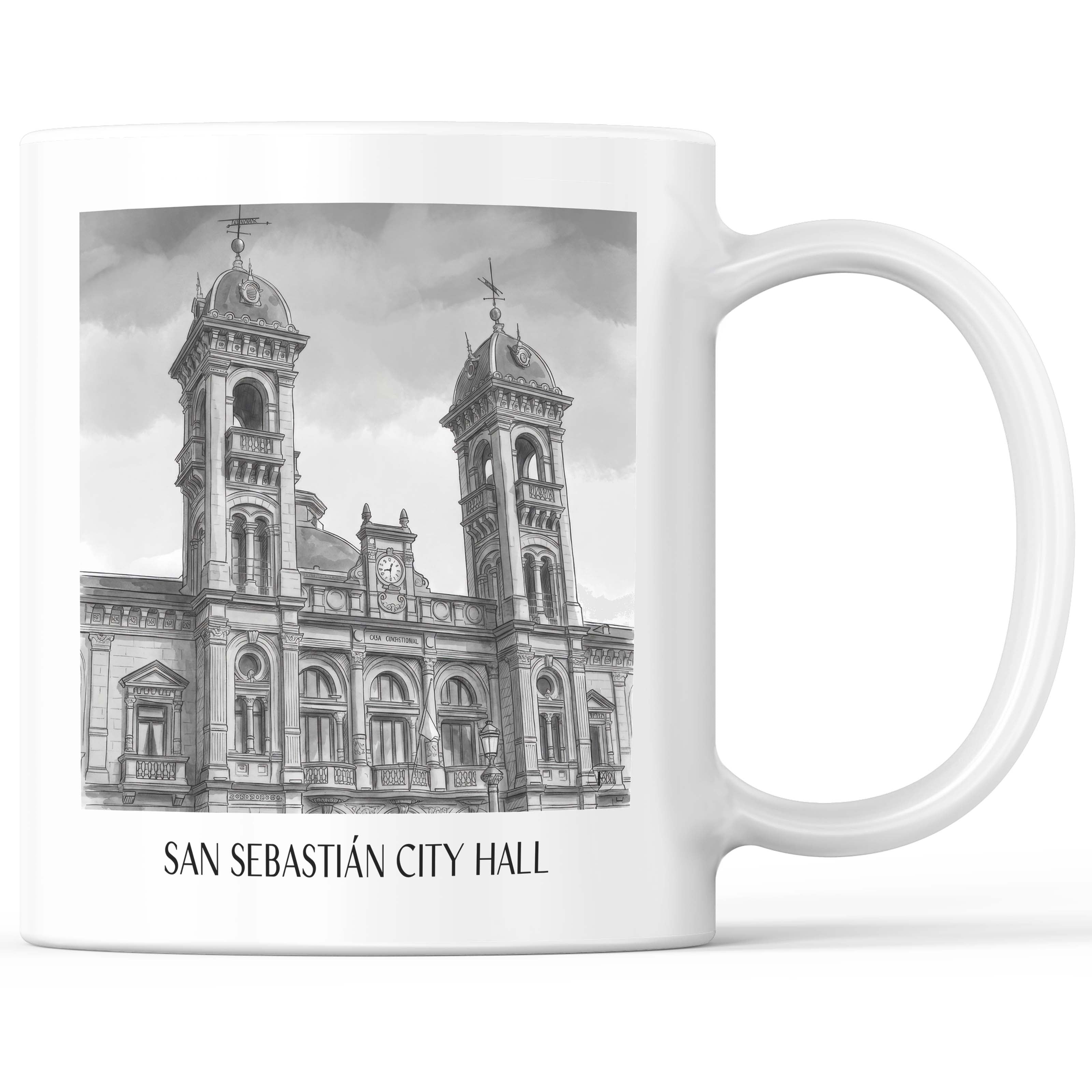 Ayuntamiento de San Sebastián Kaffeebecher - Spanien - Spanien Becher - Kaffeetasse im Aquarell Schwarz-Weiß Stil - favplace