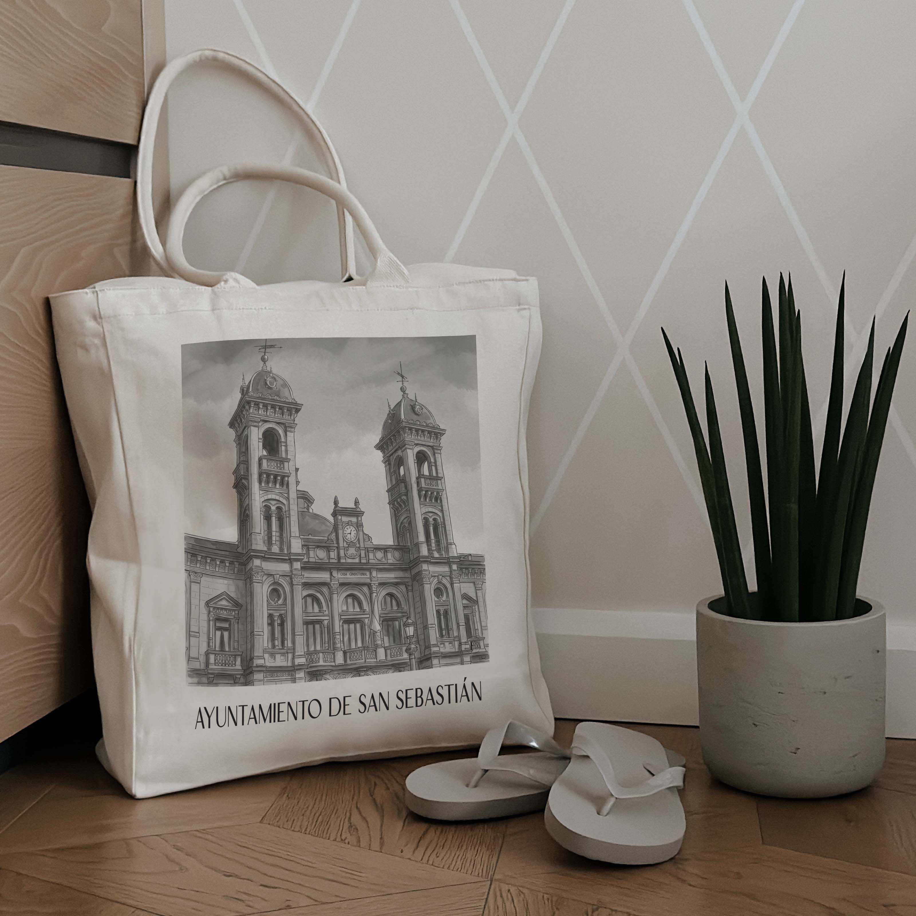 ayuntamiento-de-san-sebastián-spanien-spanien-und-spanien-einkaufstasche-aquarell-schwarz-weiss