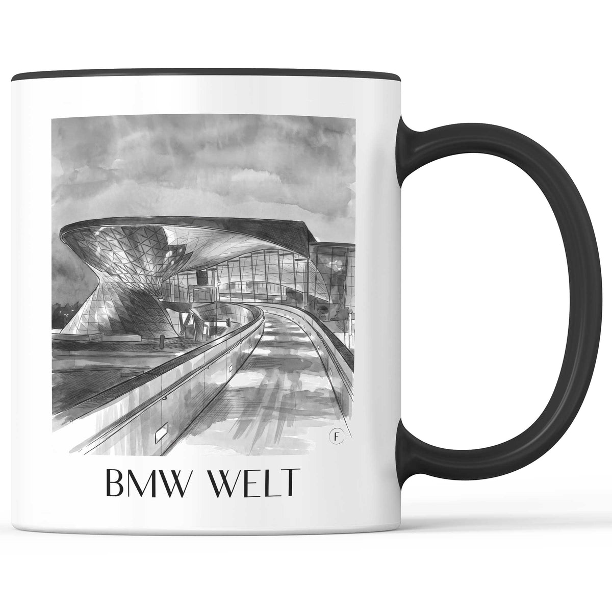 BMW Welt Kaffeebecher - München - Deutschland Becher - Kaffeetasse im Aquarell Schwarz-Weiß Stil - favplace