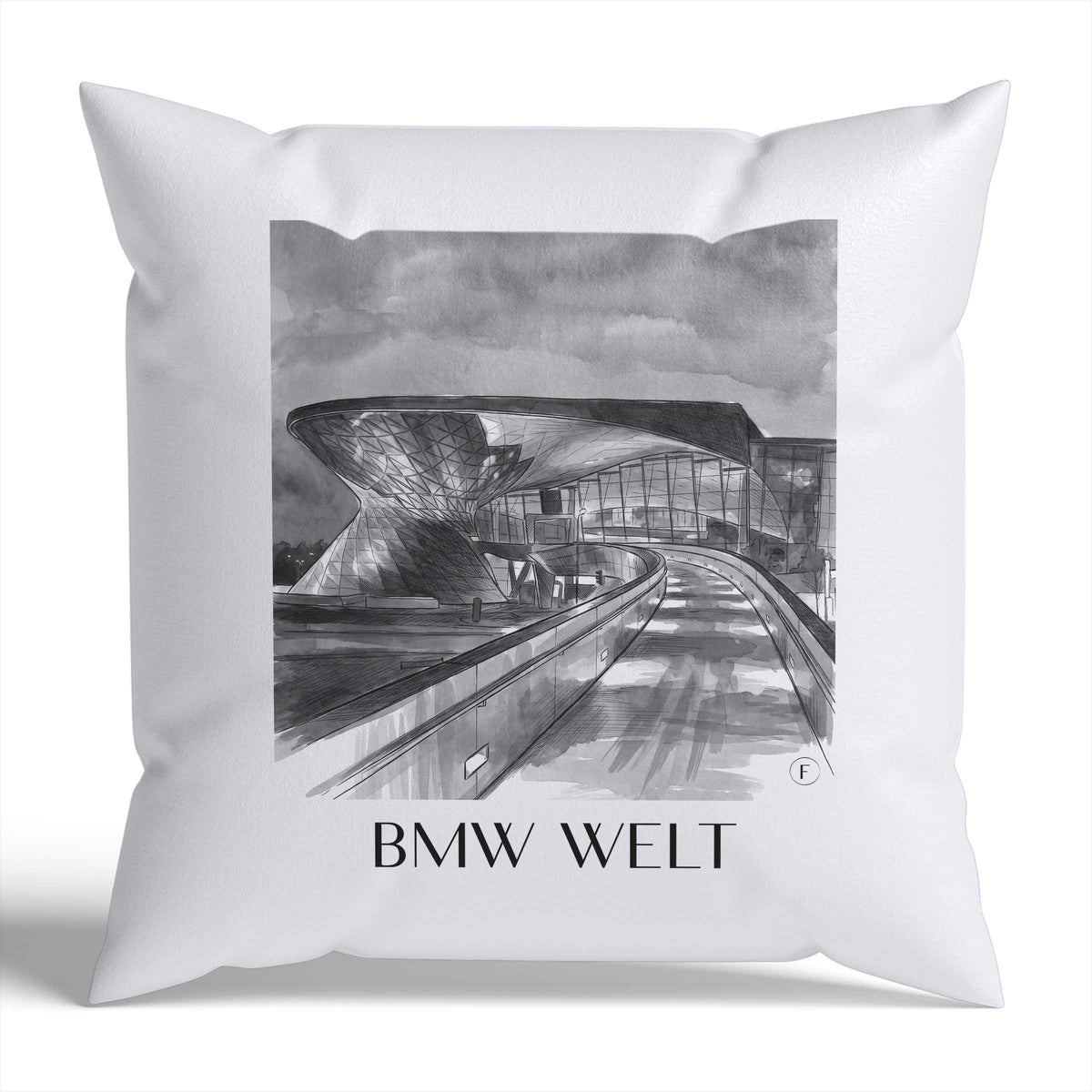 bmw-welt-münchen-deutschland-kissenbezug-aquarell-schwarz-weiss