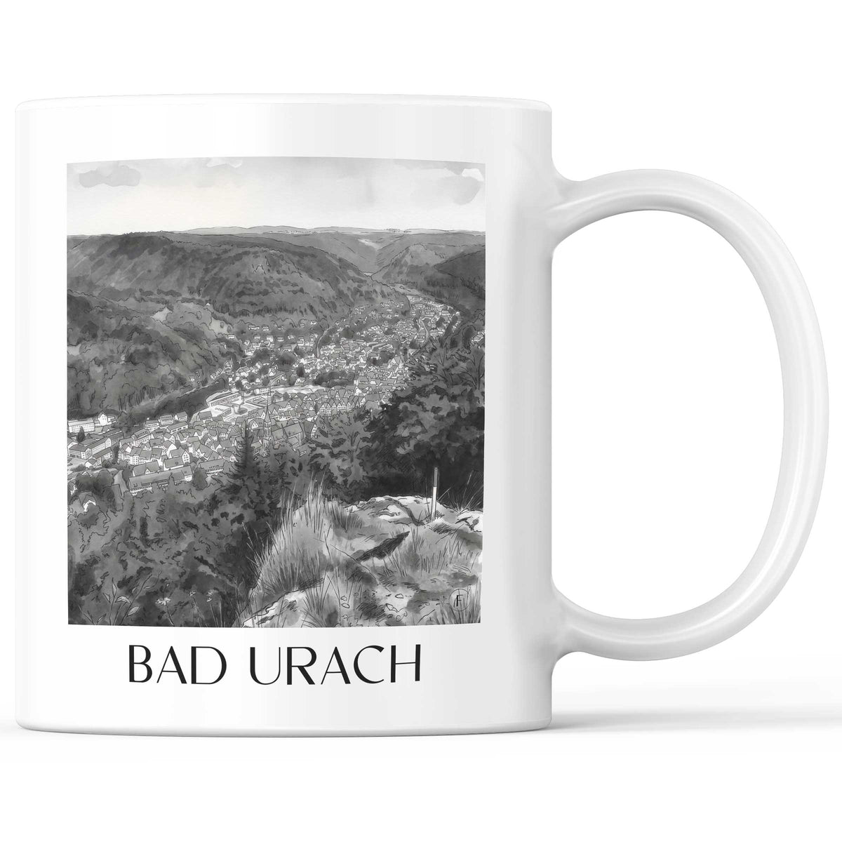 Bad Urach - Deutschland Becher - Kaffeetasse im Aquarell Schwarz-Weiß Stil - favplace