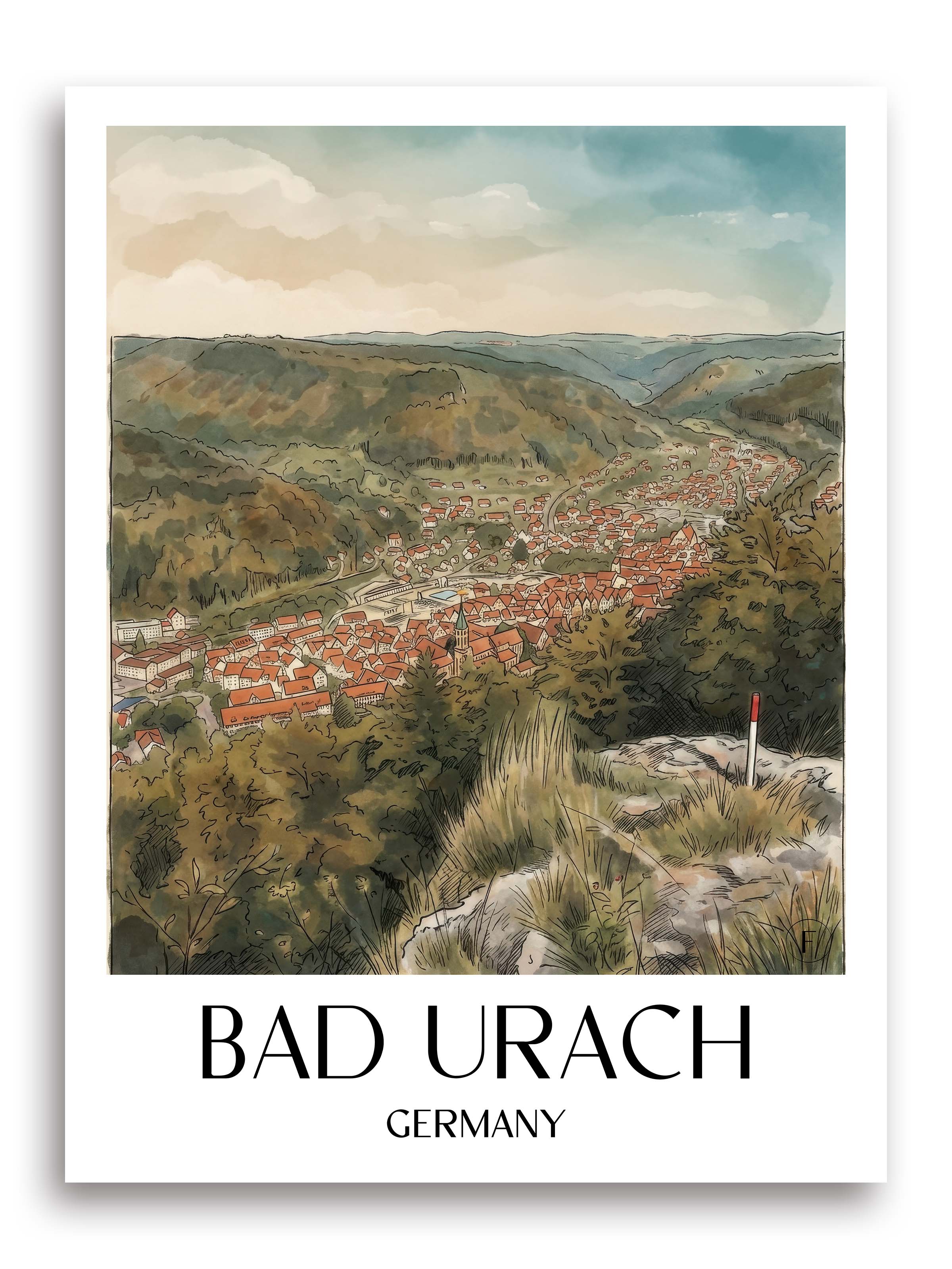 Bad Urach Poster - - Deutschland Kunstdruck - Aquarell von A4 bis A1 - favplace