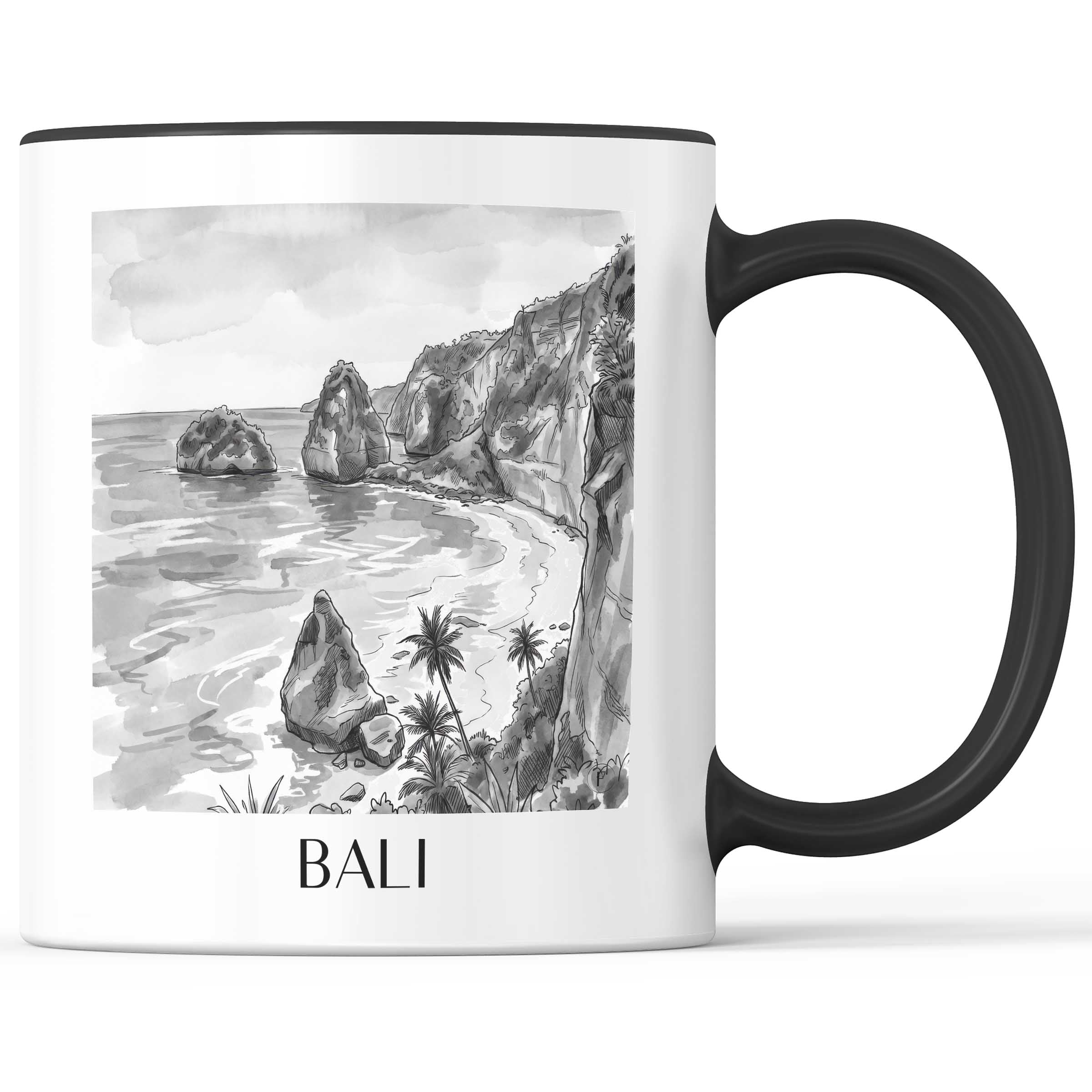 Bali - Indonesien Becher - Kaffeetasse im Aquarell Schwarz-Weiß Stil - favplace