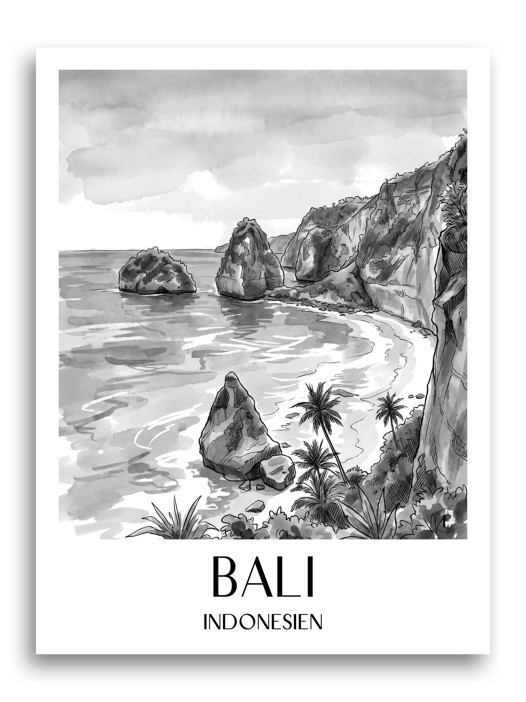 bali-indonesien-poster-aquarell-schwarz-weiss