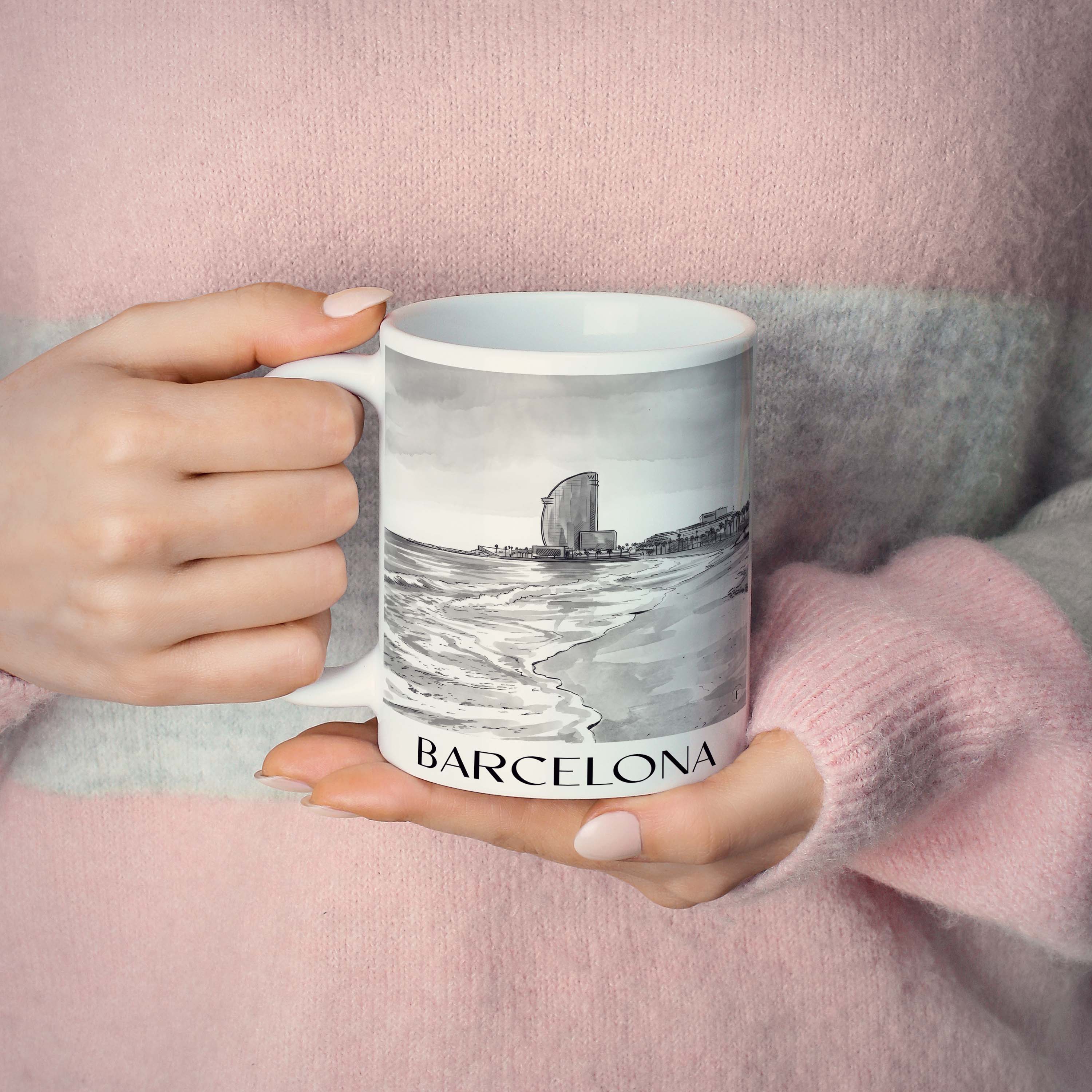 barcelona-spanien-spanien-kaffeebecher-aquarell-schwarz-weiss