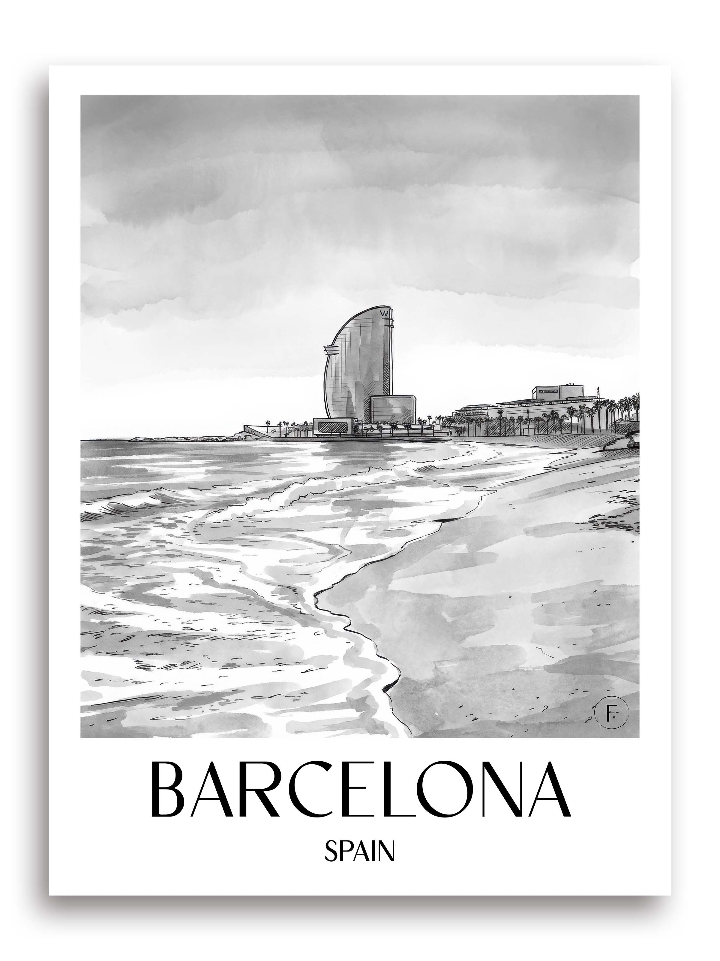 Barcelona Poster - Spanien - Spanien und Spanien Kunstdruck - Aquarell Schwarz-Weiß von A4 bis A1 - favplace