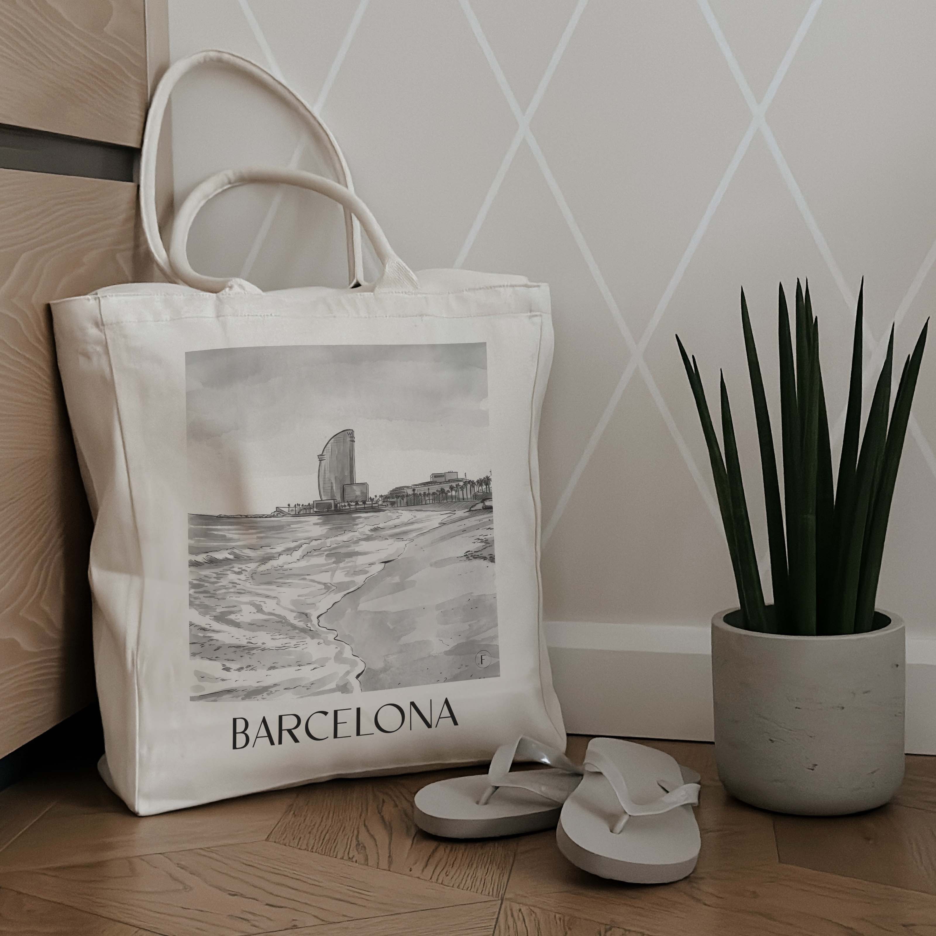 barcelona-spanien-spanien-einkaufstasche-aquarell-schwarz-weiss
