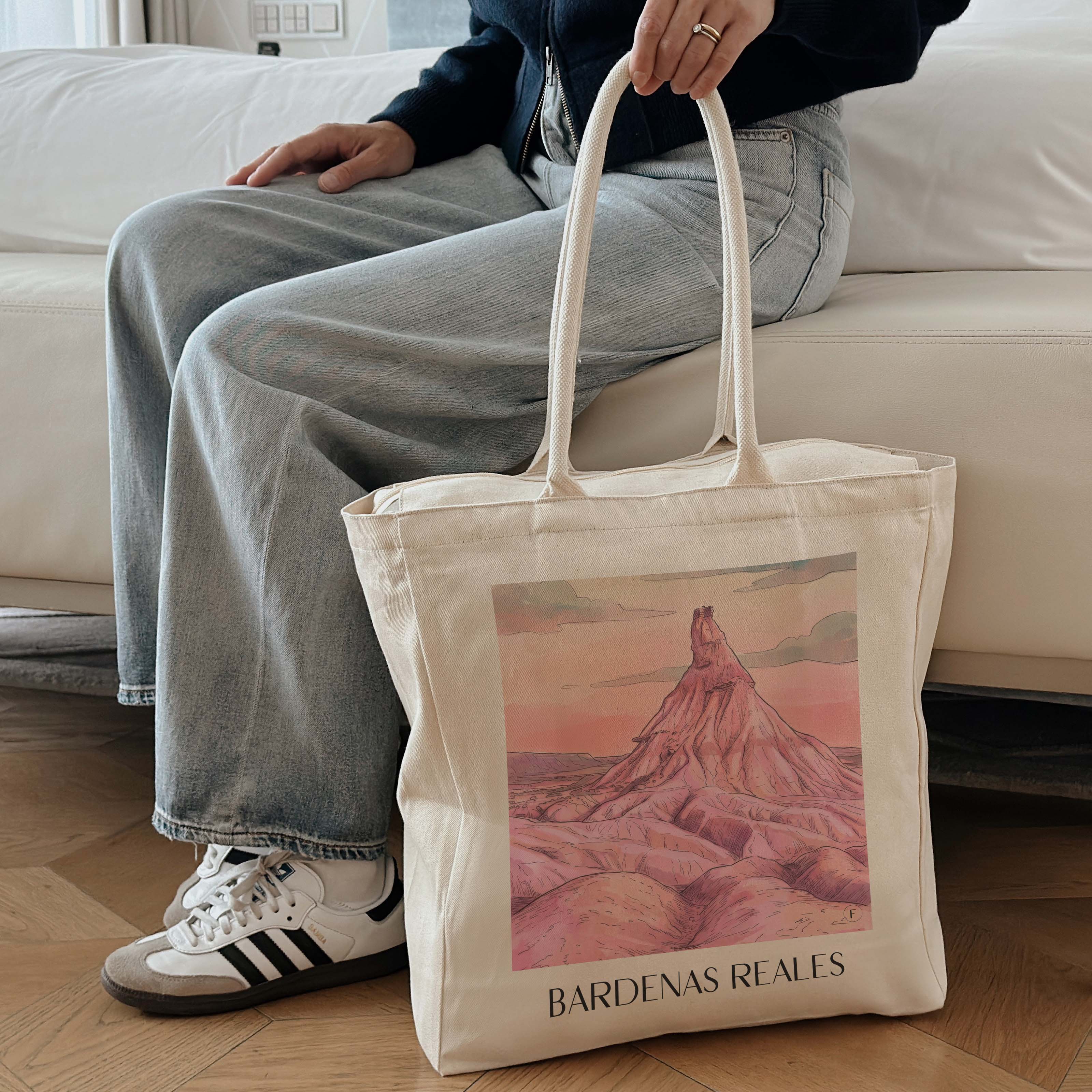 bardenas-reales-spanien-spanien-einkaufstasche-aquarell-pink-rosa