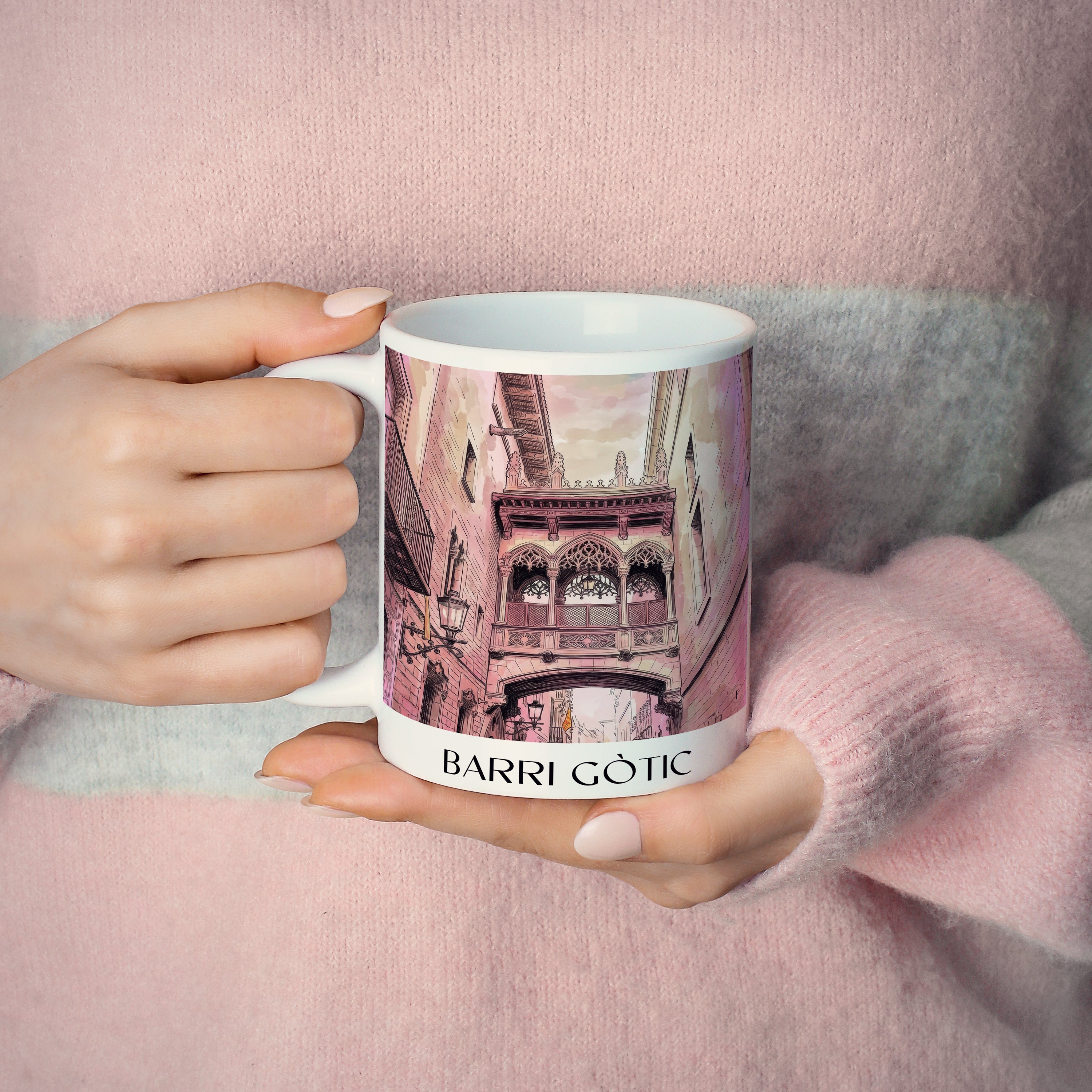 barri-gòtic-barcelona-spanien-kaffeebecher-aquarell-pink-rosa