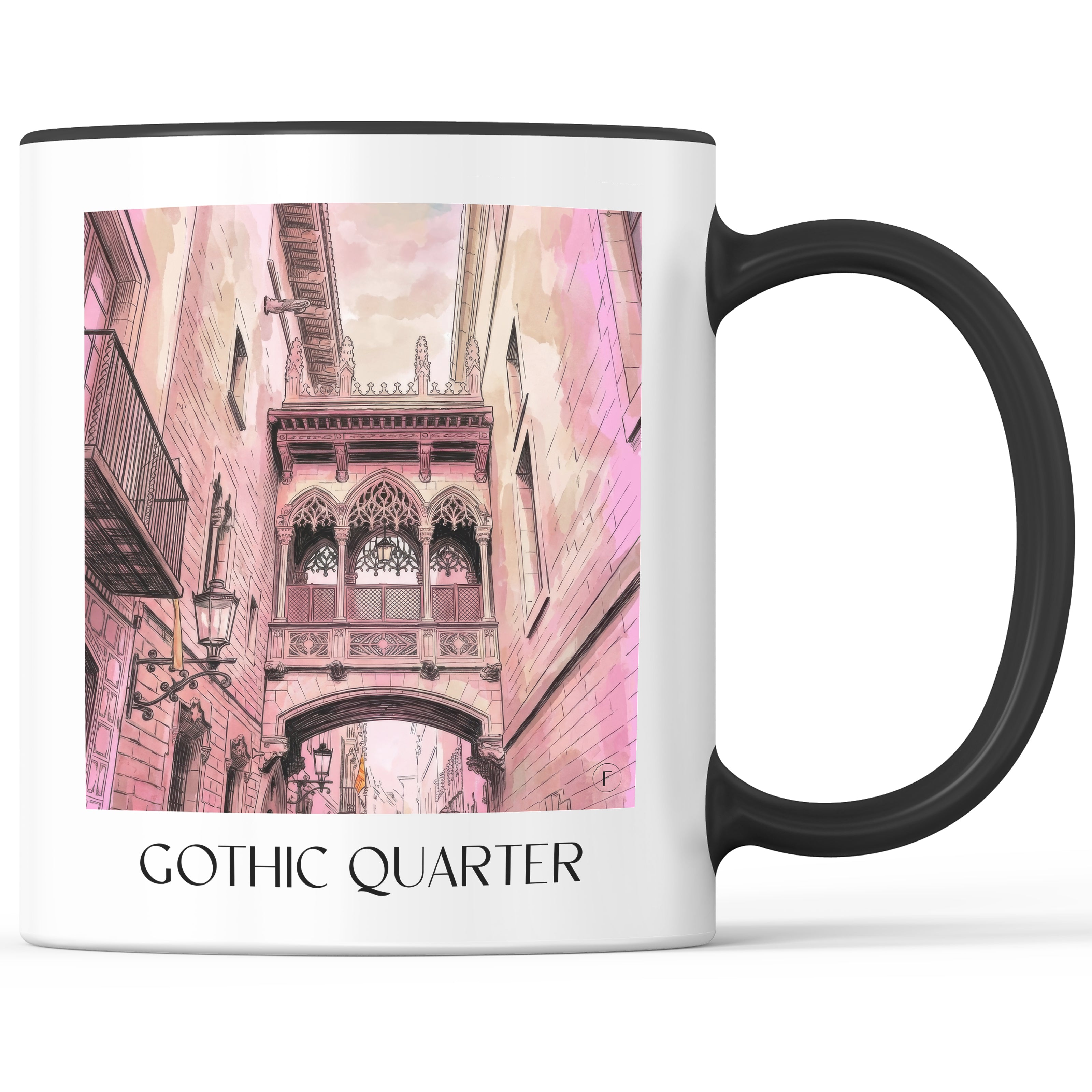 Barri Gòtic Kaffeebecher - Barcelona - Spanien Becher - Kaffeetasse im Aquarell Pink Stil - favplace