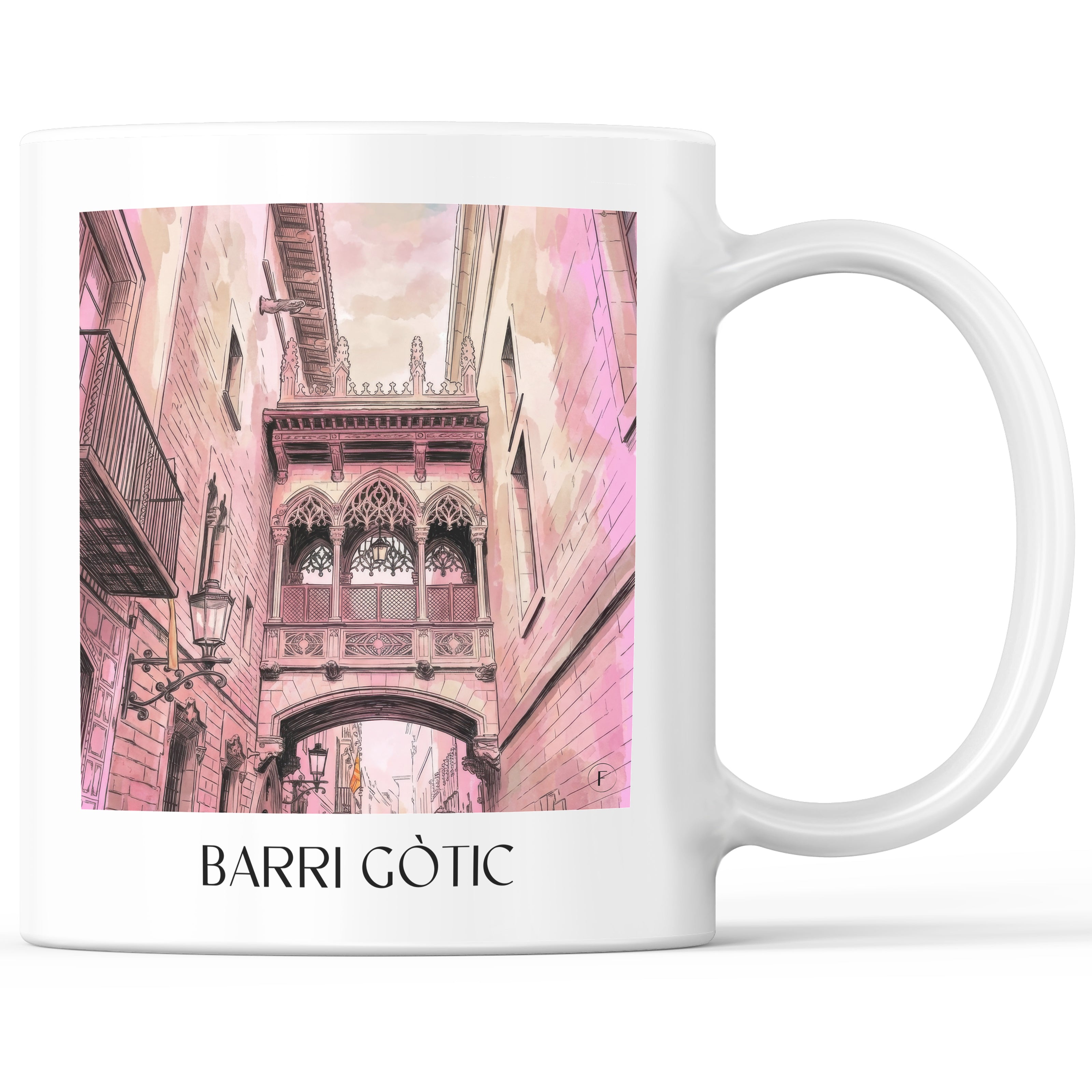 Barri Gòtic Kaffeebecher - Barcelona - Spanien Becher - Kaffeetasse im Aquarell Pink Stil - favplace