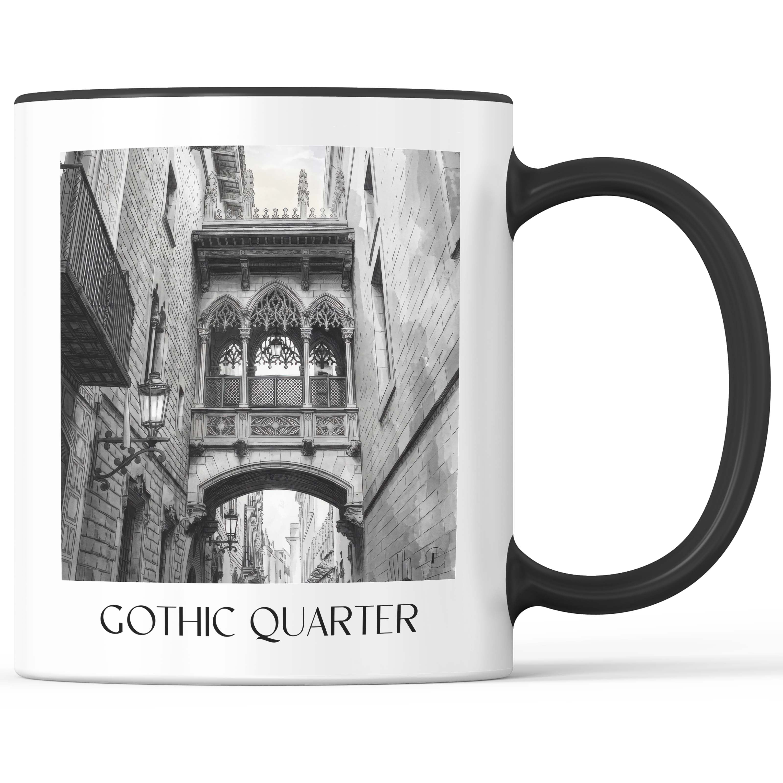 Barri Gòtic Kaffeebecher - Barcelona - Spanien Becher - Kaffeetasse im Aquarell Schwarz-Weiß Stil - favplace