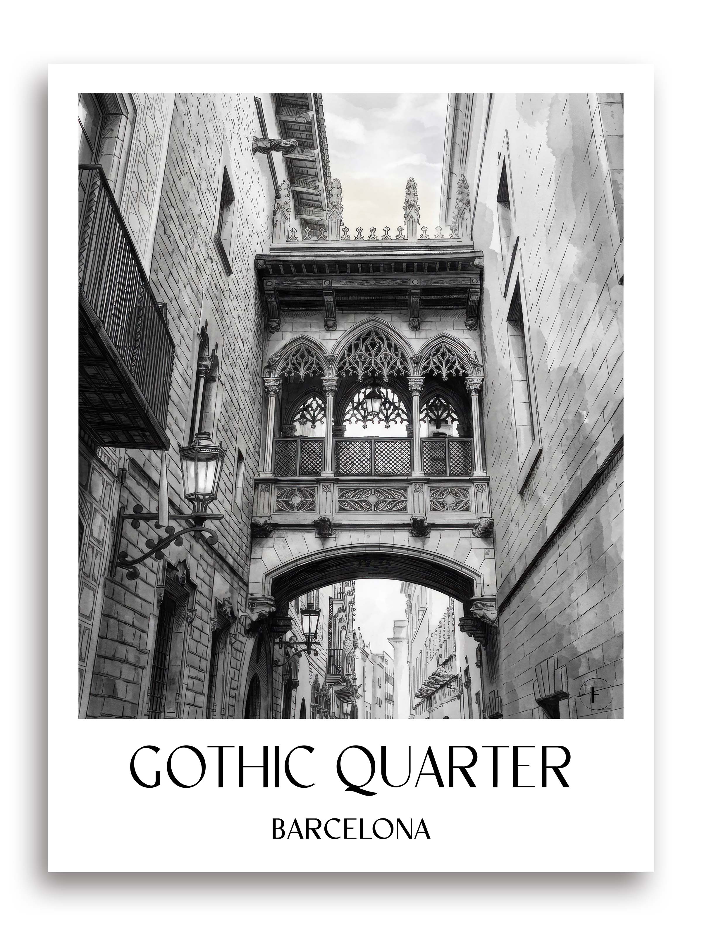 Barri Gòtic Poster - Barcelona - Spanien Kunstdruck - Aquarell Schwarz-Weiß von A4 bis A1 - favplace