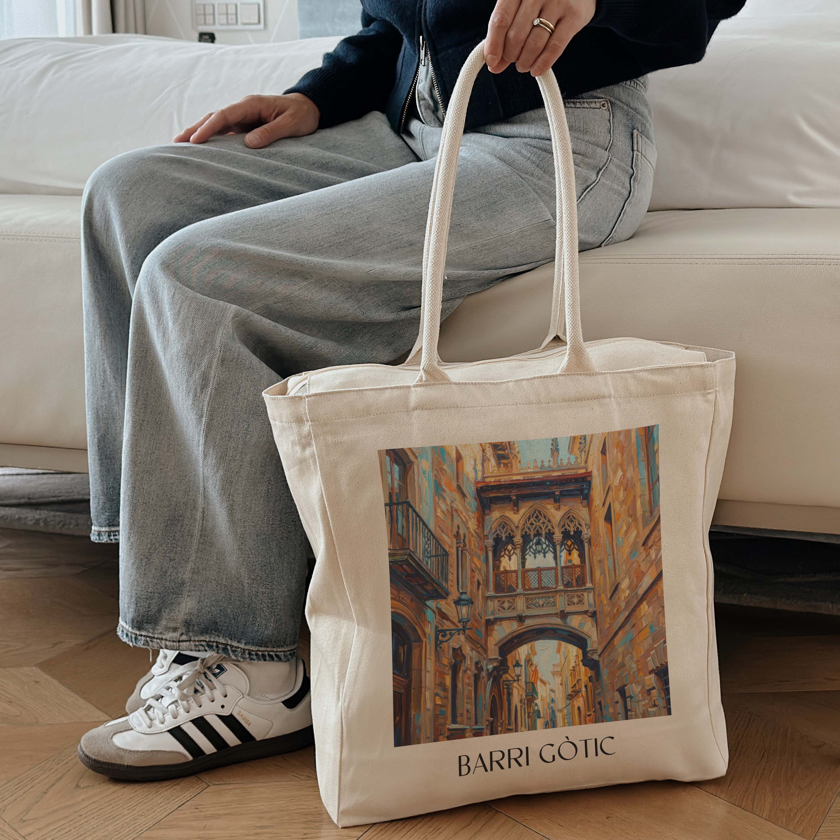 barri-gòtic-barcelona-spanien-einkaufstasche-oil-painting-oelgemaelde