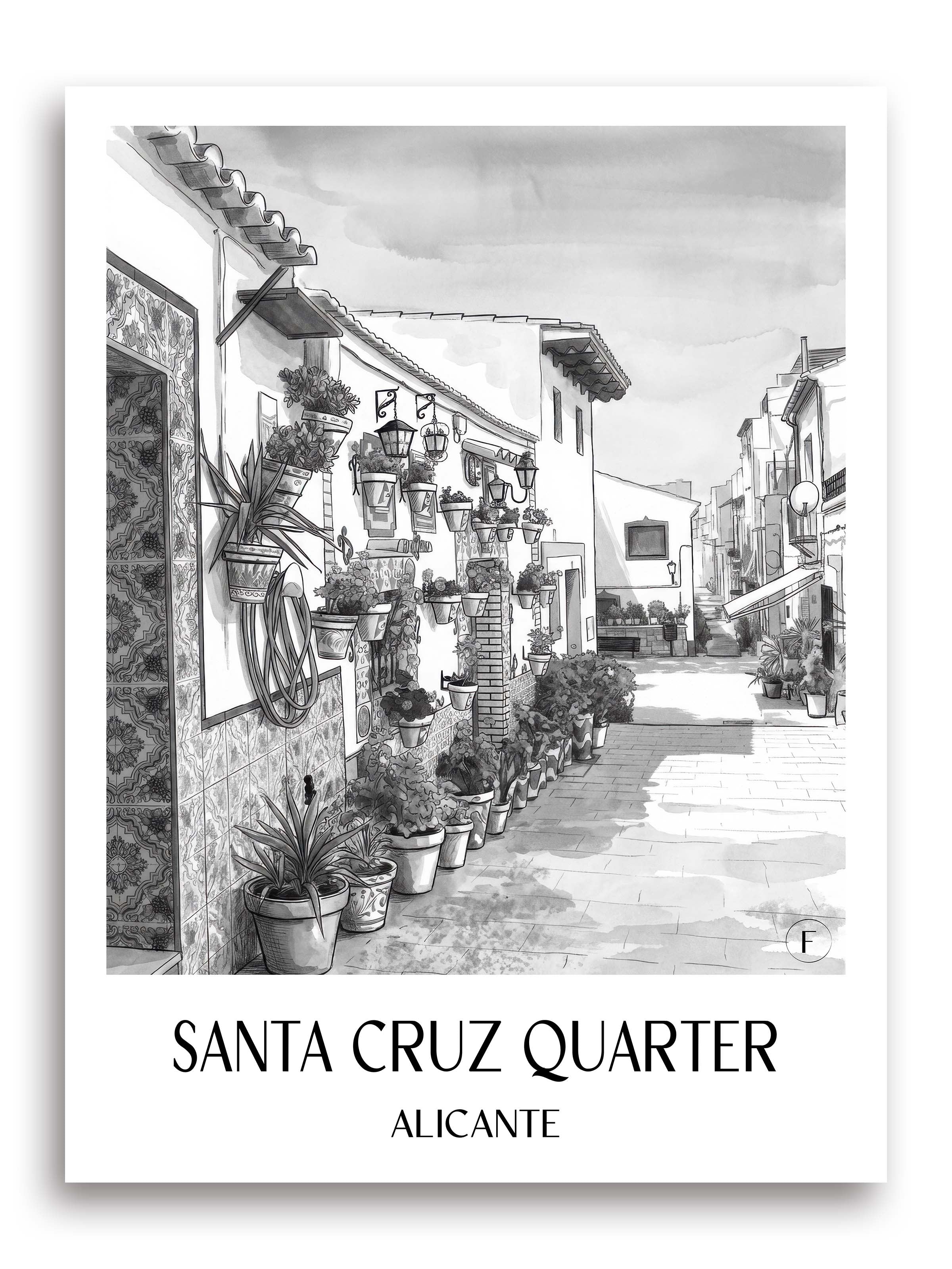 Barrio de Santa Cruz Poster - Alicante - Spanien Kunstdruck - Aquarell Schwarz-Weiß von A4 bis A1 - favplace