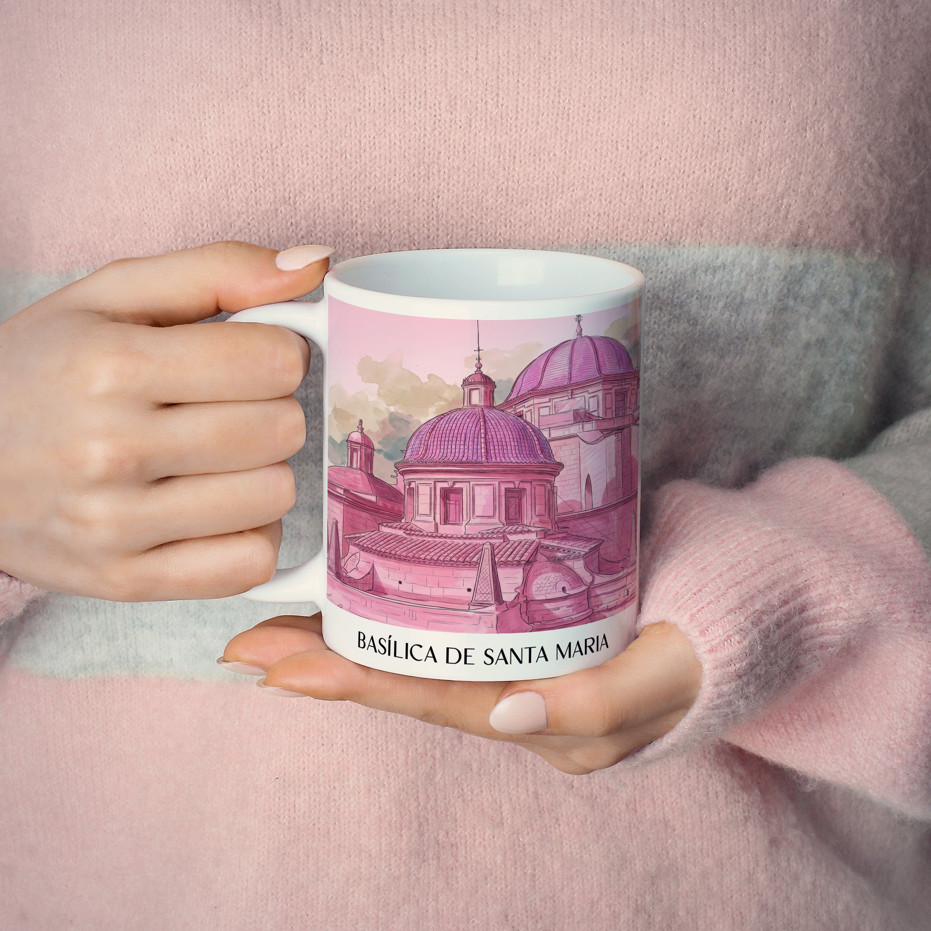 basílica-de-santa-maria-elche-spanien-kaffeebecher-aquarell-pink-rosa
