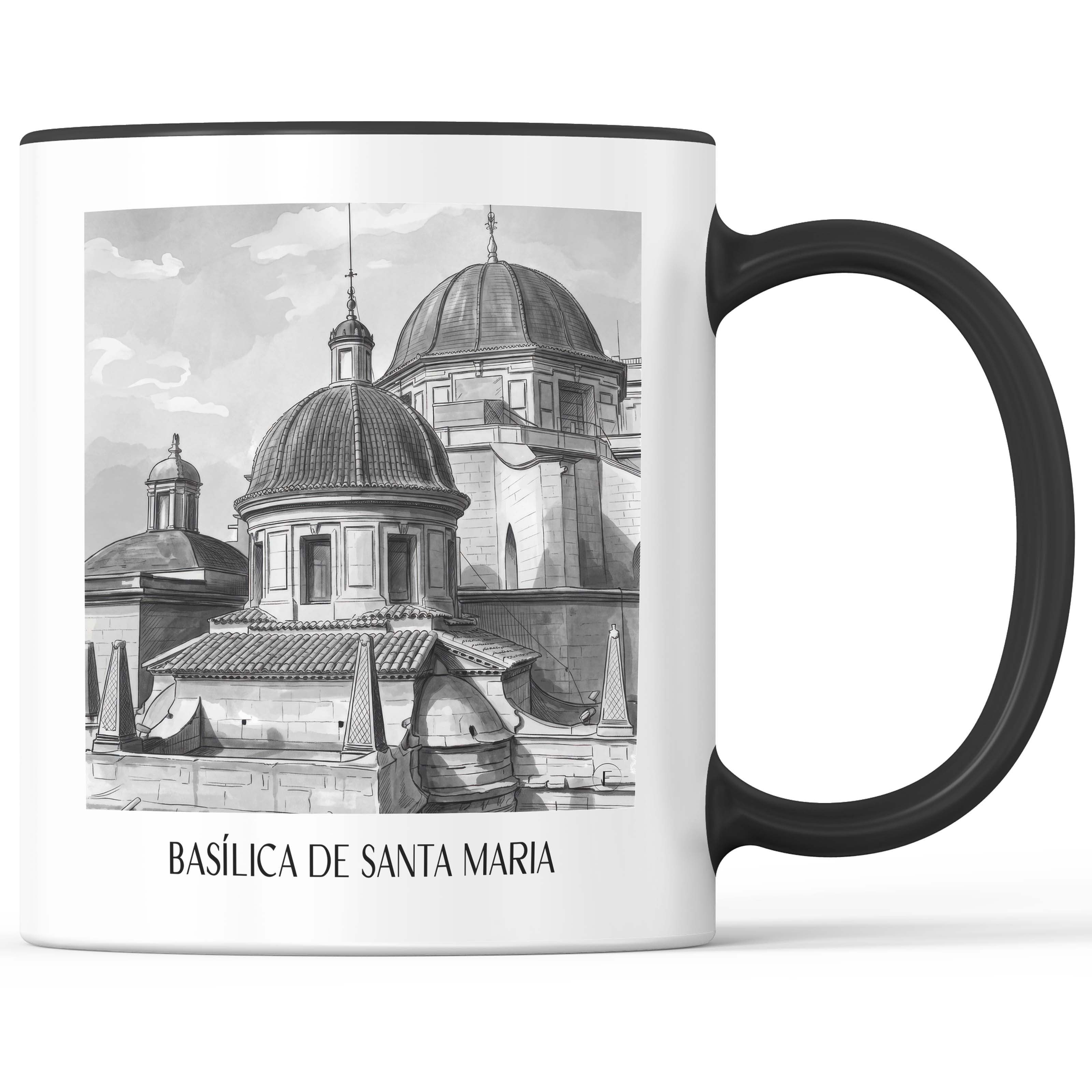 basílica-de-santa-maria-elche-spanien-kaffeebecher-aquarell-schwarz-weiss