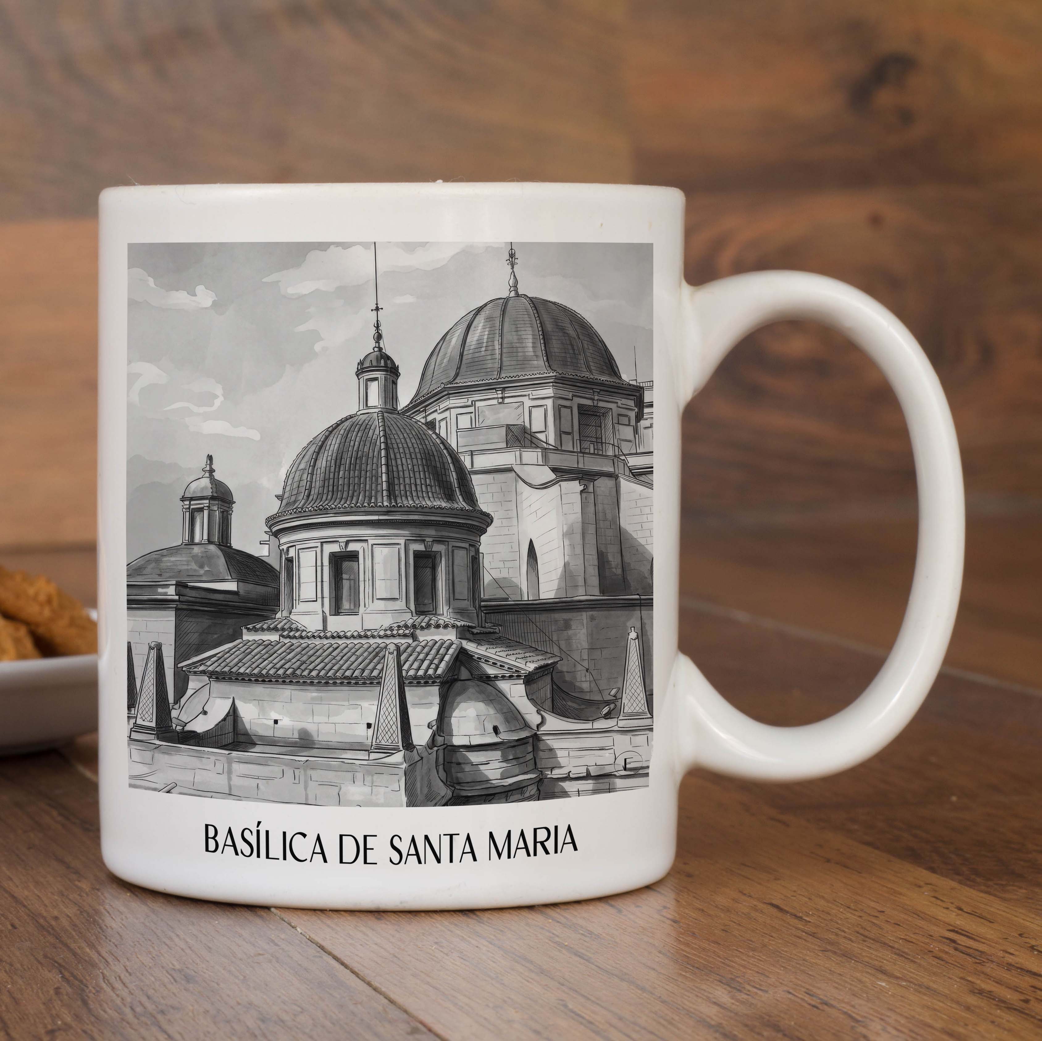 basílica-de-santa-maria-elche-spanien-kaffeebecher-aquarell-schwarz-weiss