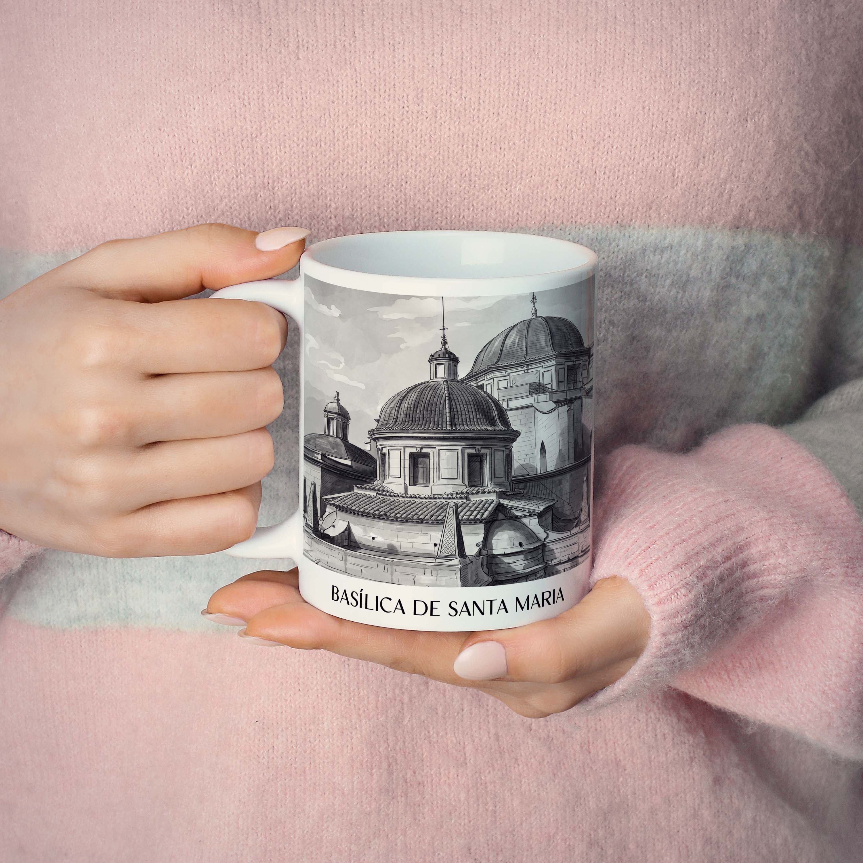 basílica-de-santa-maria-elche-spanien-kaffeebecher-aquarell-schwarz-weiss
