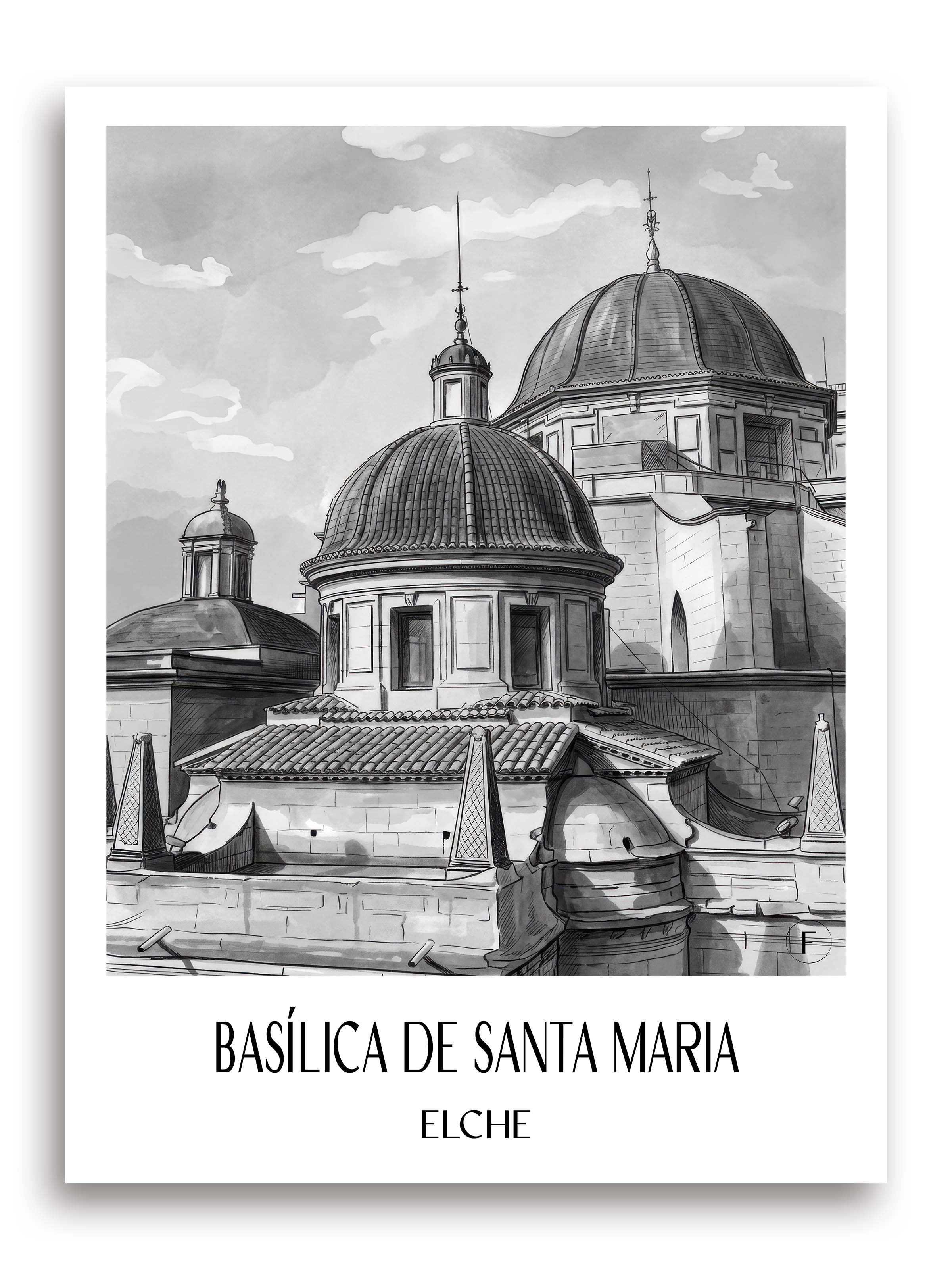 basílica-de-santa-maria-elche-spanien-poster-aquarell-schwarz-weiss