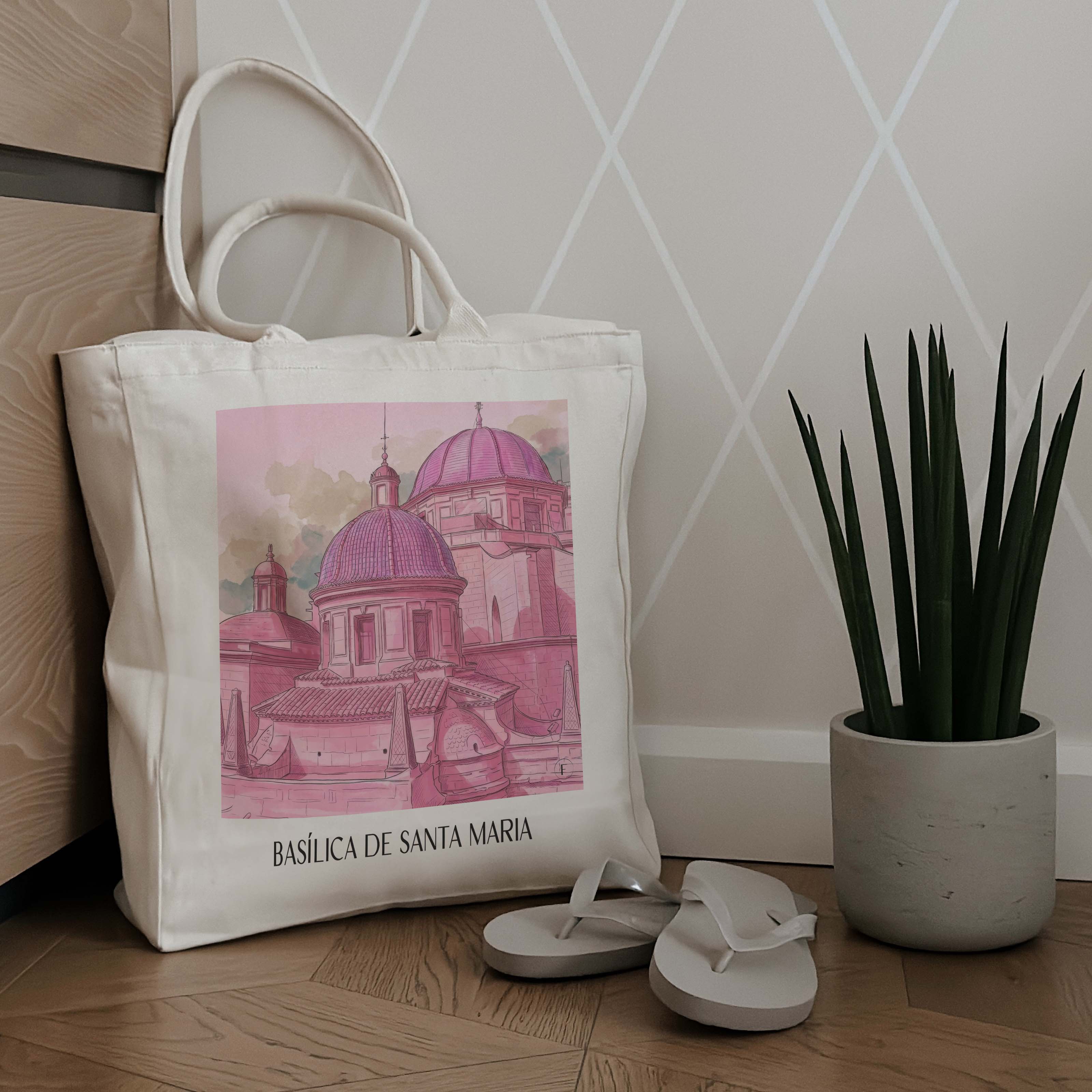 basílica-de-santa-maria-elche-spanien-einkaufstasche-aquarell-pink-rosa
