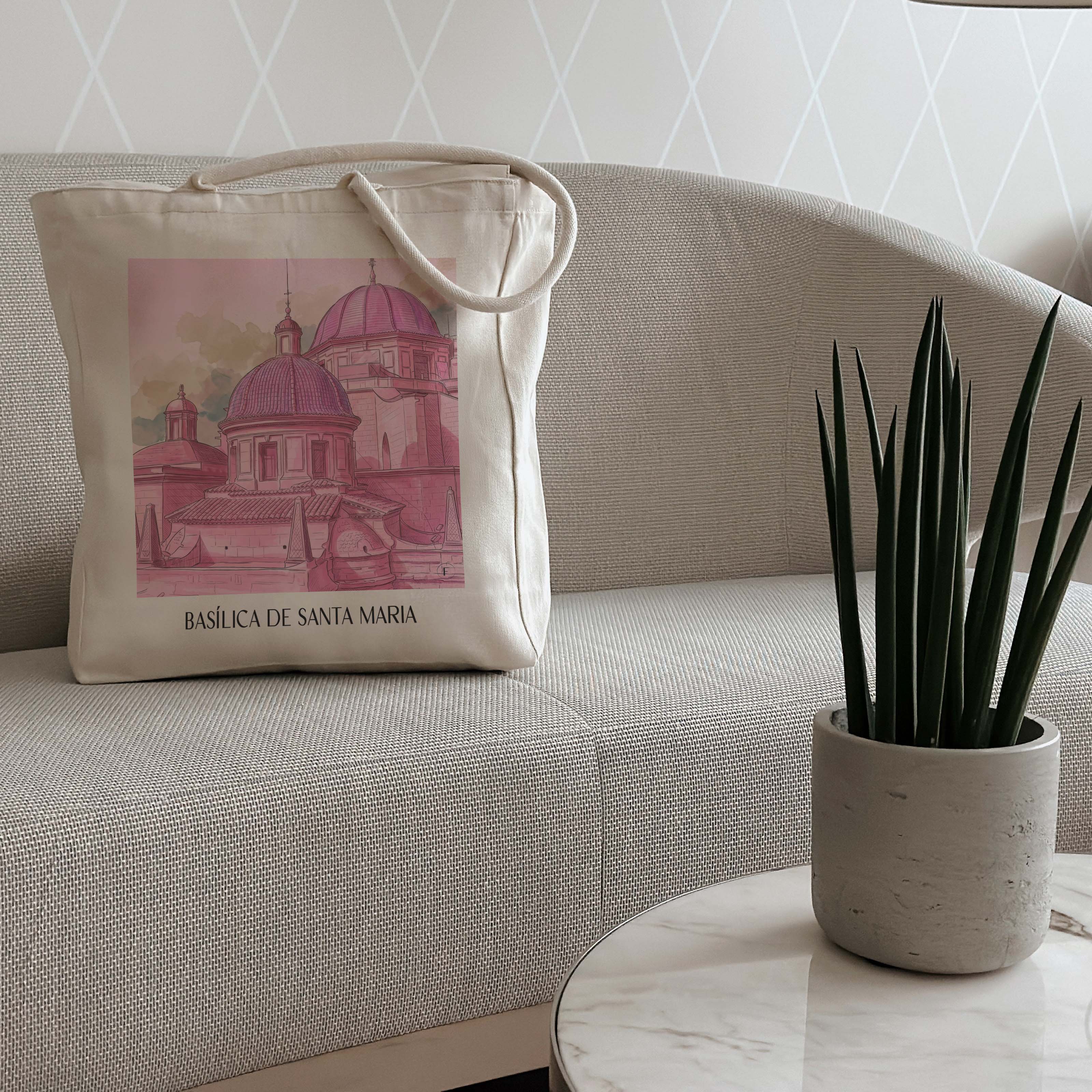 basílica-de-santa-maria-elche-spanien-einkaufstasche-aquarell-pink-rosa