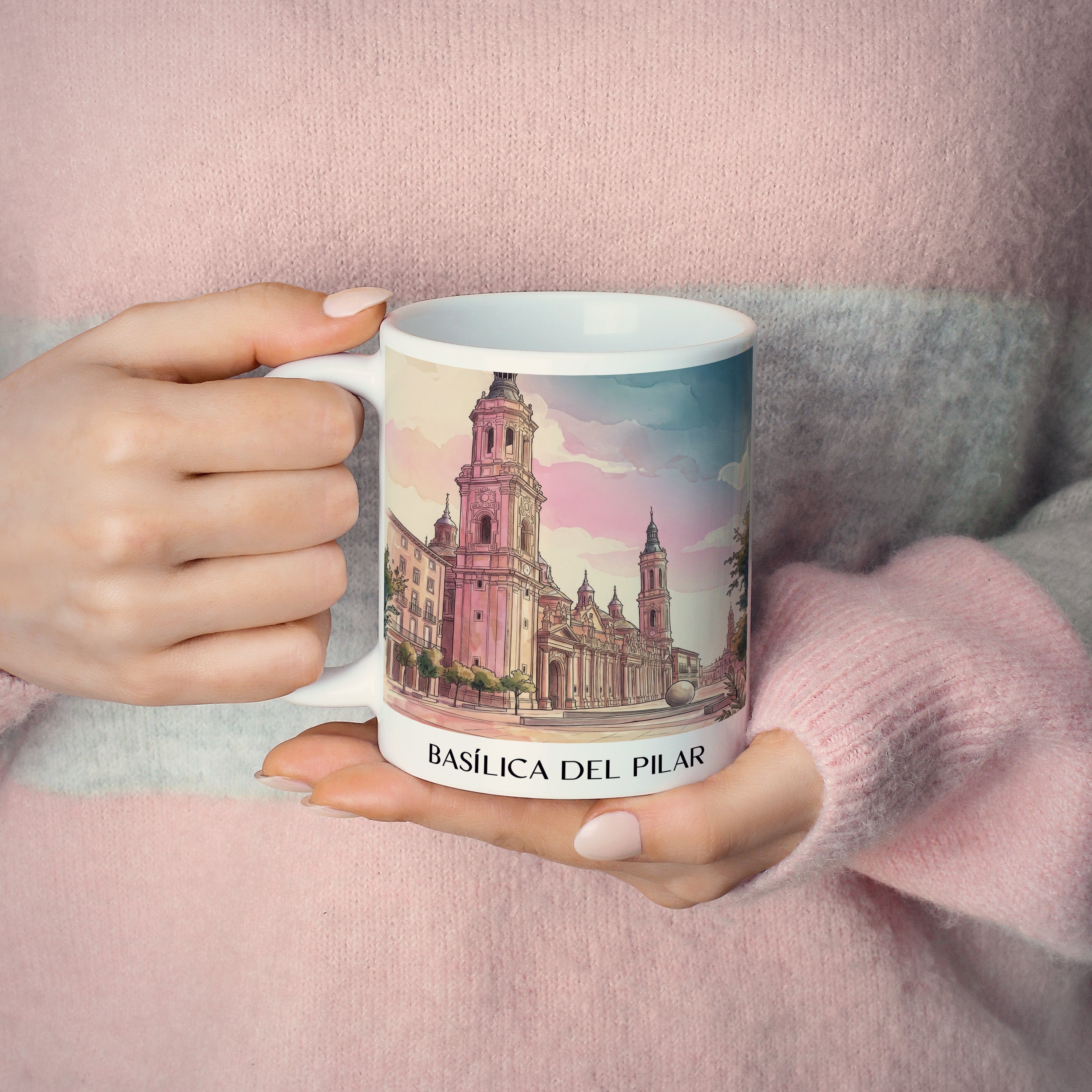 basílica-del-pilar-zaragoza-spanien-kaffeebecher-aquarell-pink-rosa