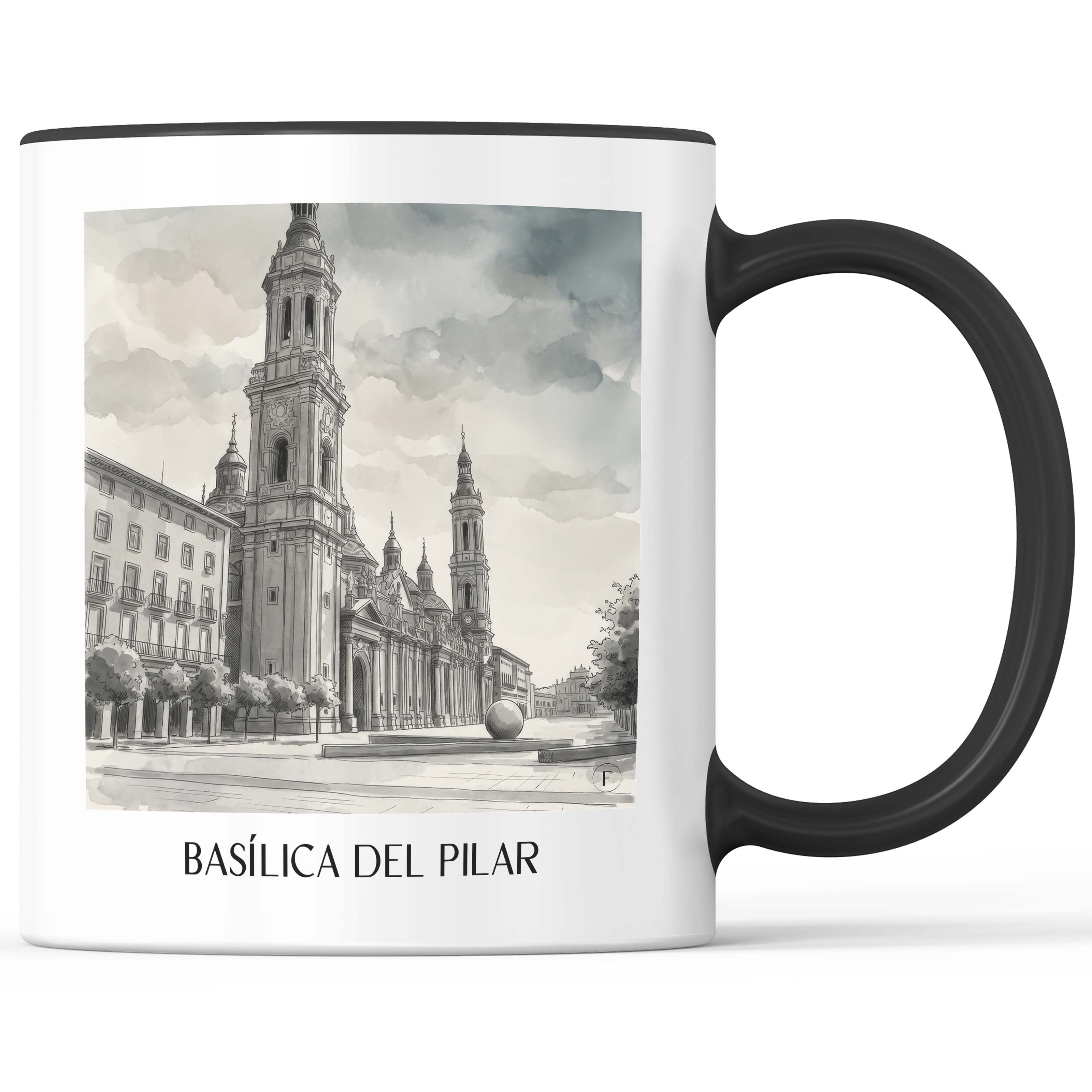 basílica-del-pilar-zaragoza-spanien-kaffeebecher-aquarell-schwarz-weiss
