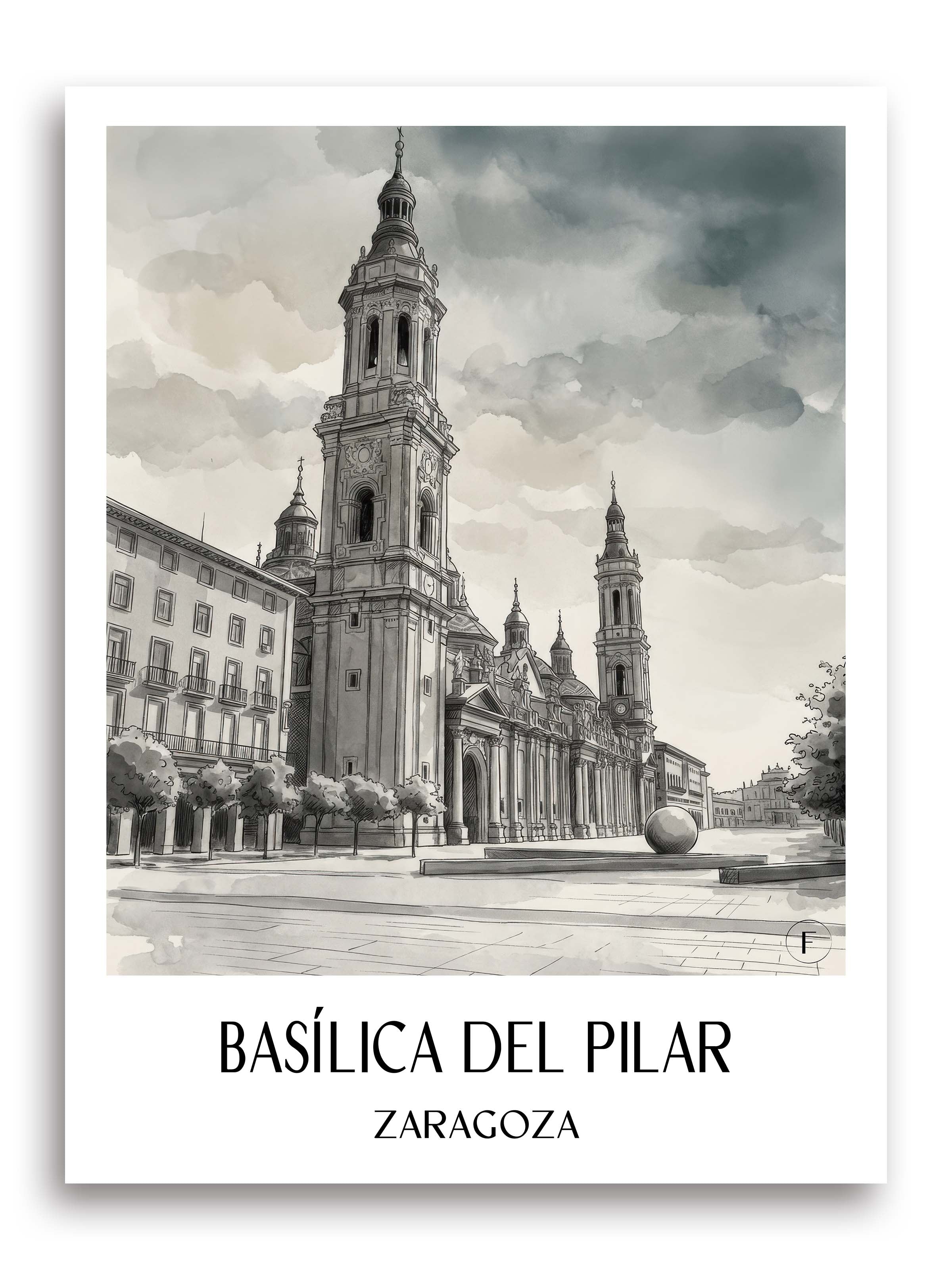 basílica-del-pilar-zaragoza-spanien-poster-aquarell-schwarz-weiss