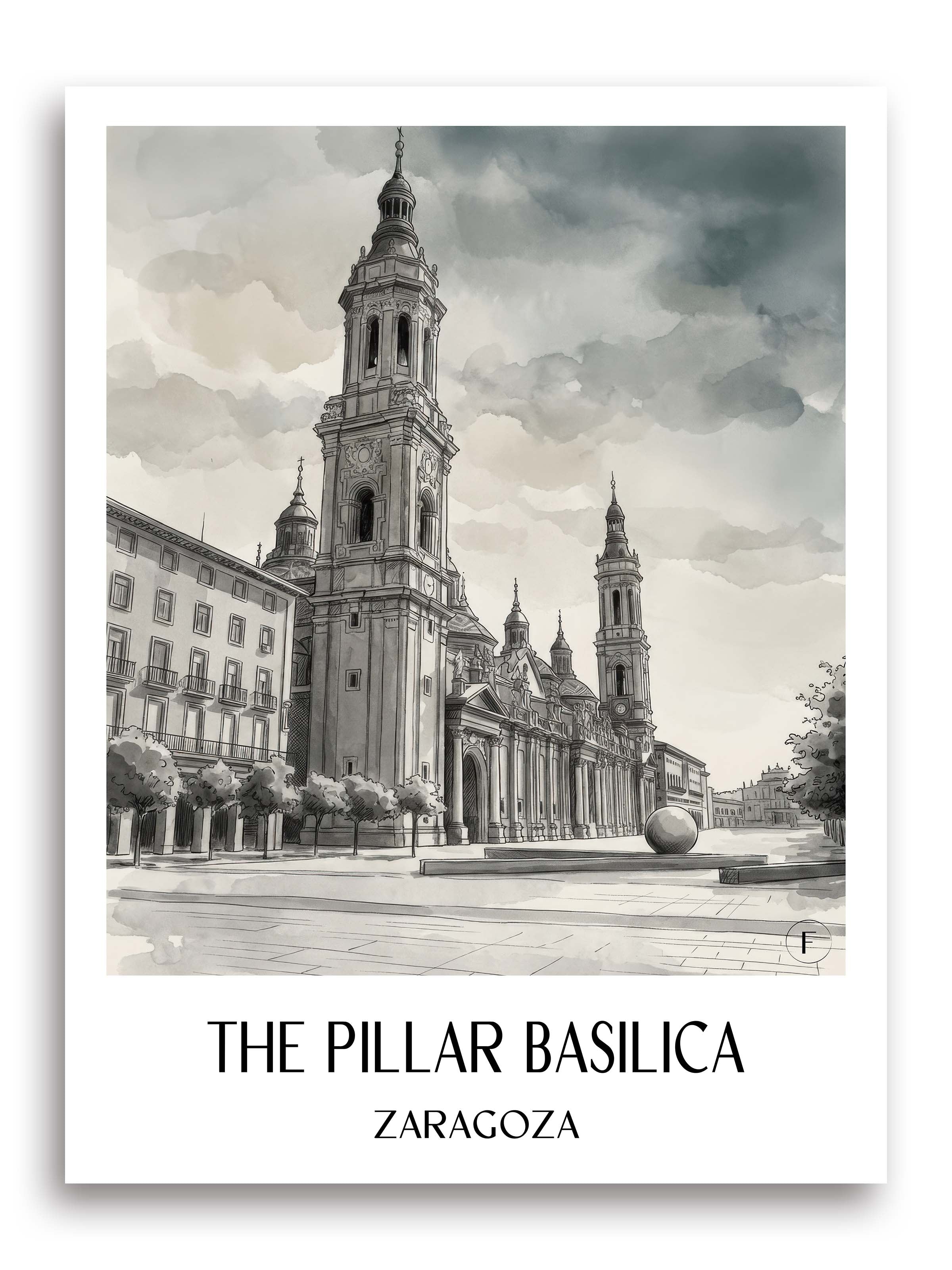 Basílica del Pilar Poster - Zaragoza - Spanien Kunstdruck - Aquarell Schwarz-Weiß von A4 bis A1 - favplace