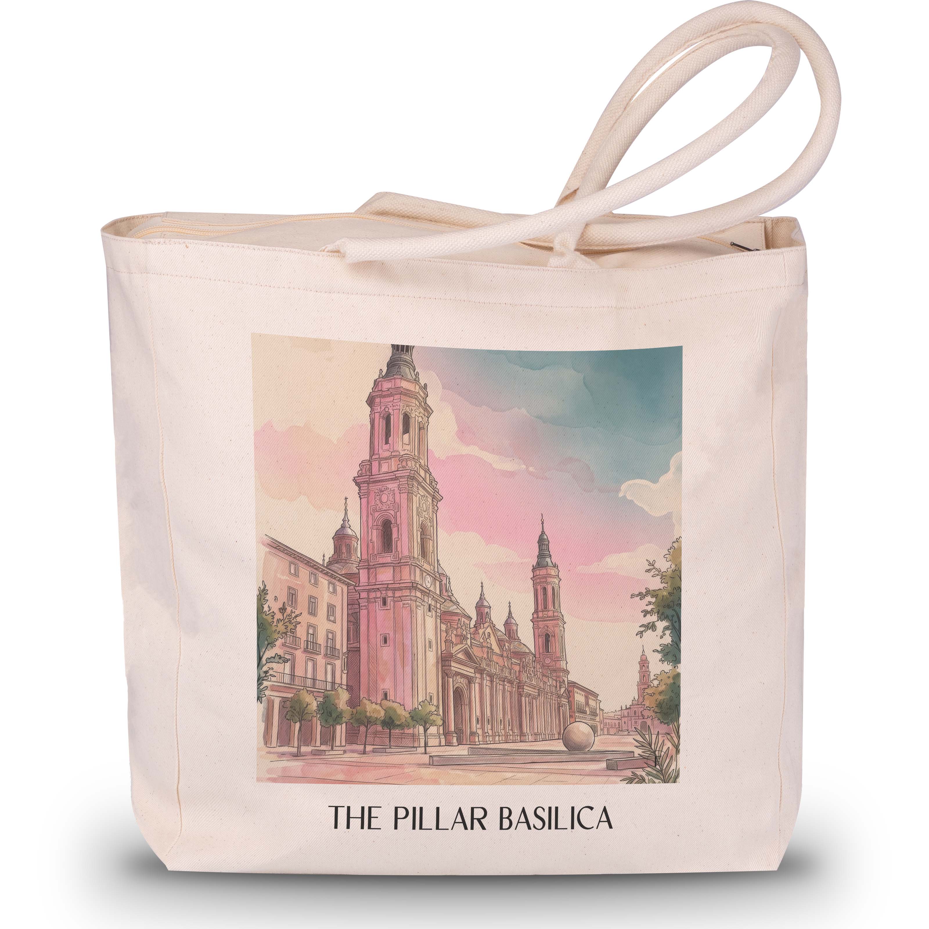 Basílica del Pilar Shopping Tasche - Zaragoza - Spanien Tote Bag - Einkaufstasche im Aquarell Pink Stil - favplace
