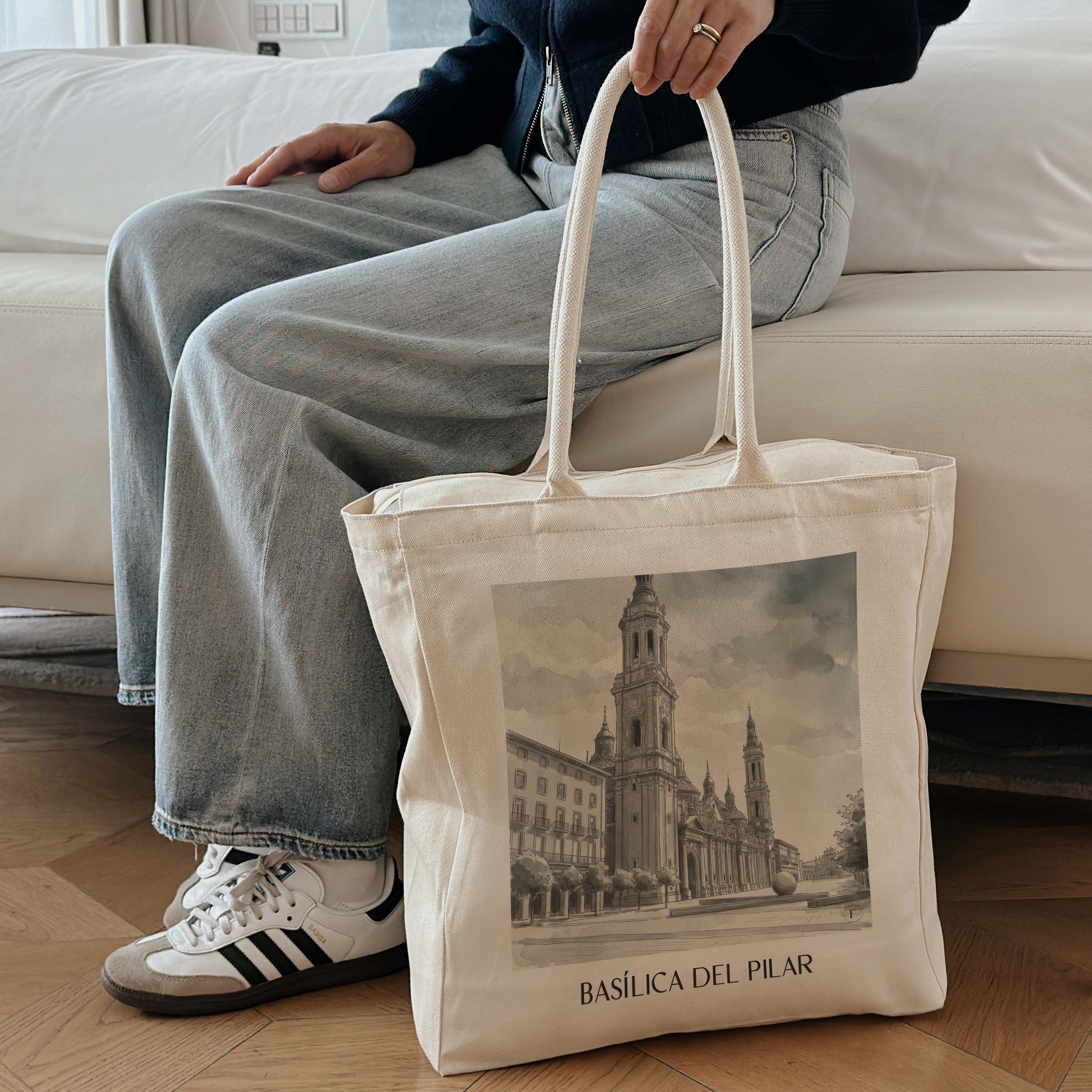 basílica-del-pilar-zaragoza-spanien-einkaufstasche-aquarell-schwarz-weiss