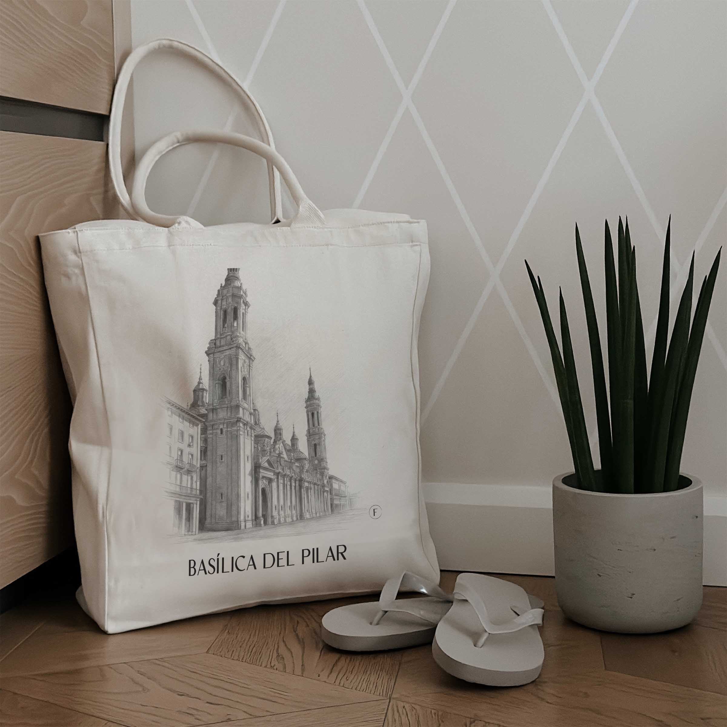 basílica-del-pilar-zaragoza-spanien-einkaufstasche-bleistift-zeichnung-drawing