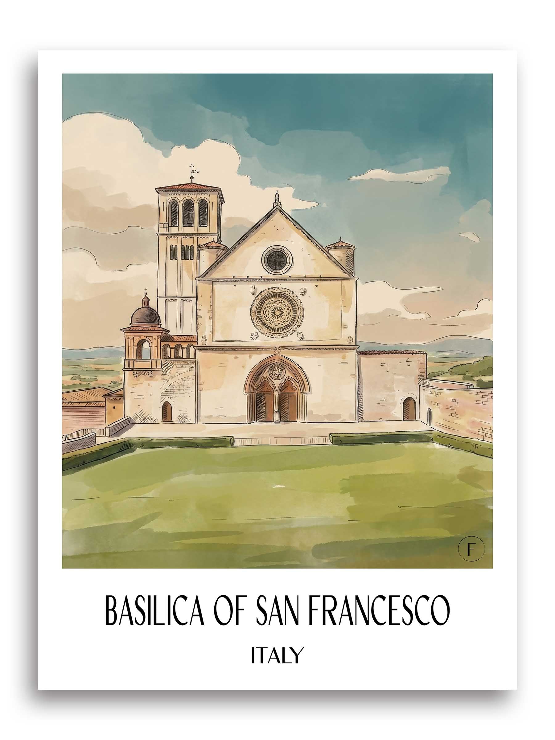 Basilika San Francesco Poster - Assisi - Italien Kunstdruck - Aquarell von A4 bis A1 - favplace