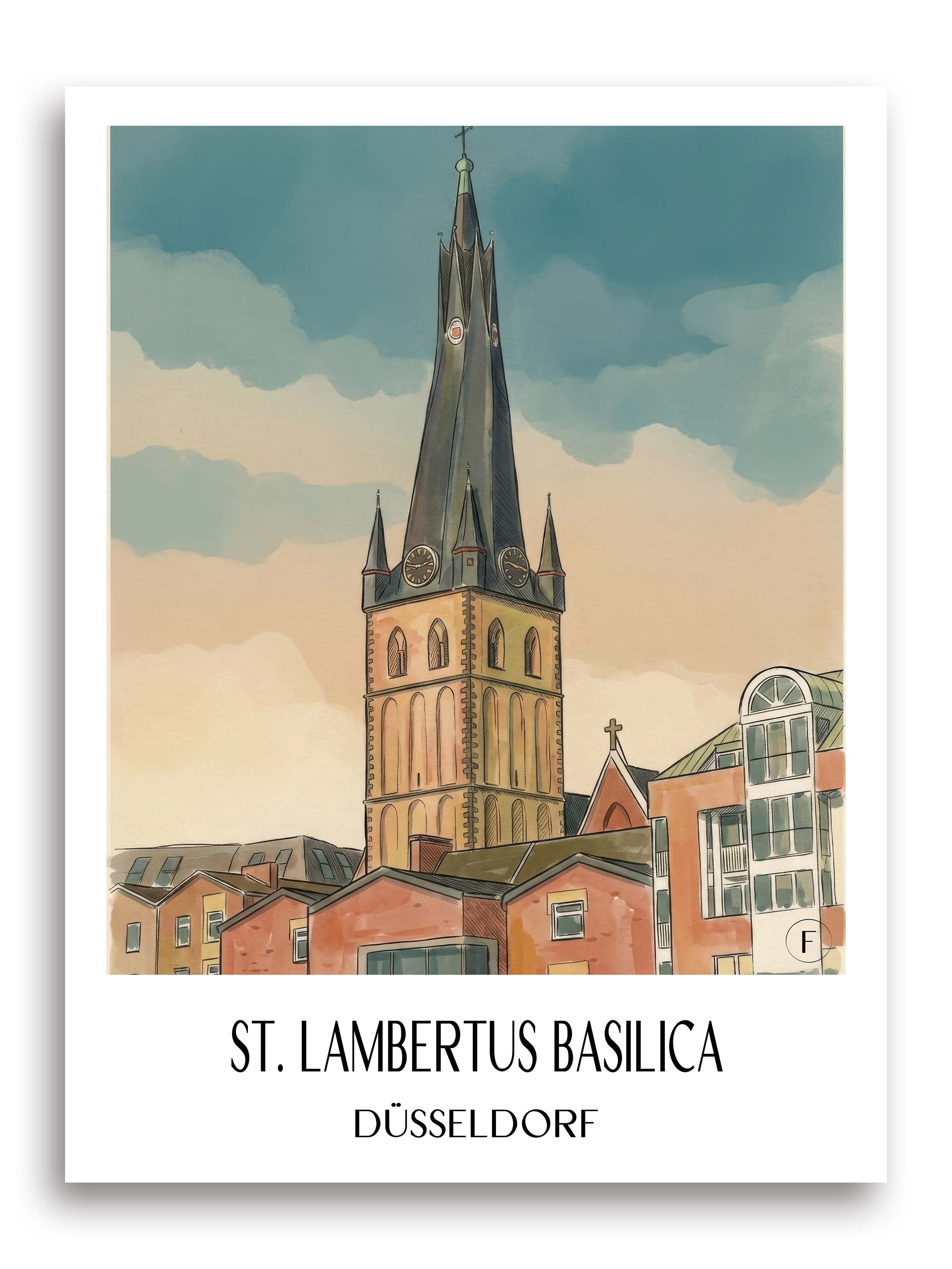 Basilika St. Lambertus Poster - Düsseldorf - Deutschland Kunstdruck - Aquarell von A4 bis A1 - favplace