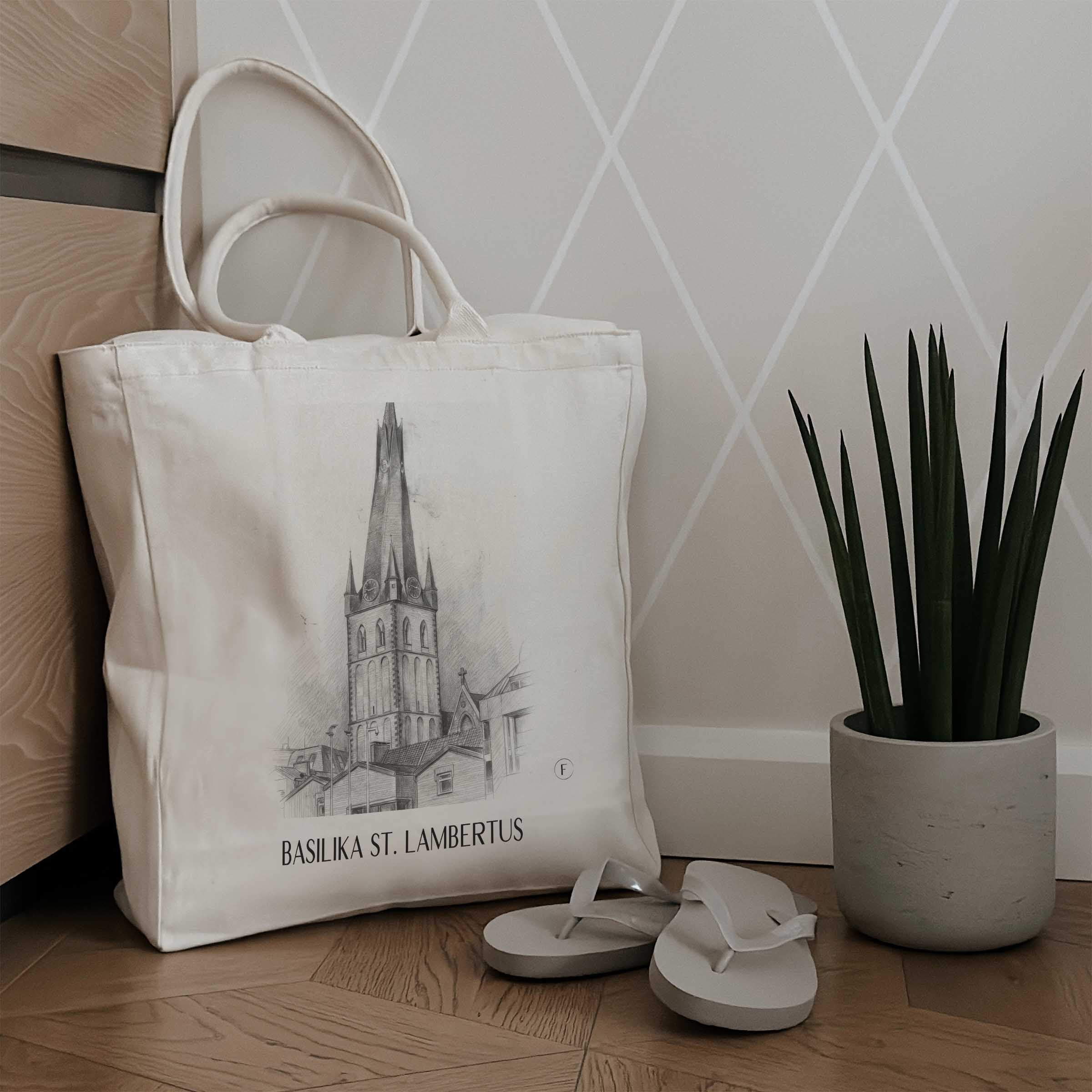 basilika-st.-lambertus-düsseldorf-deutschland-einkaufstasche-bleistift-zeichnung-drawing