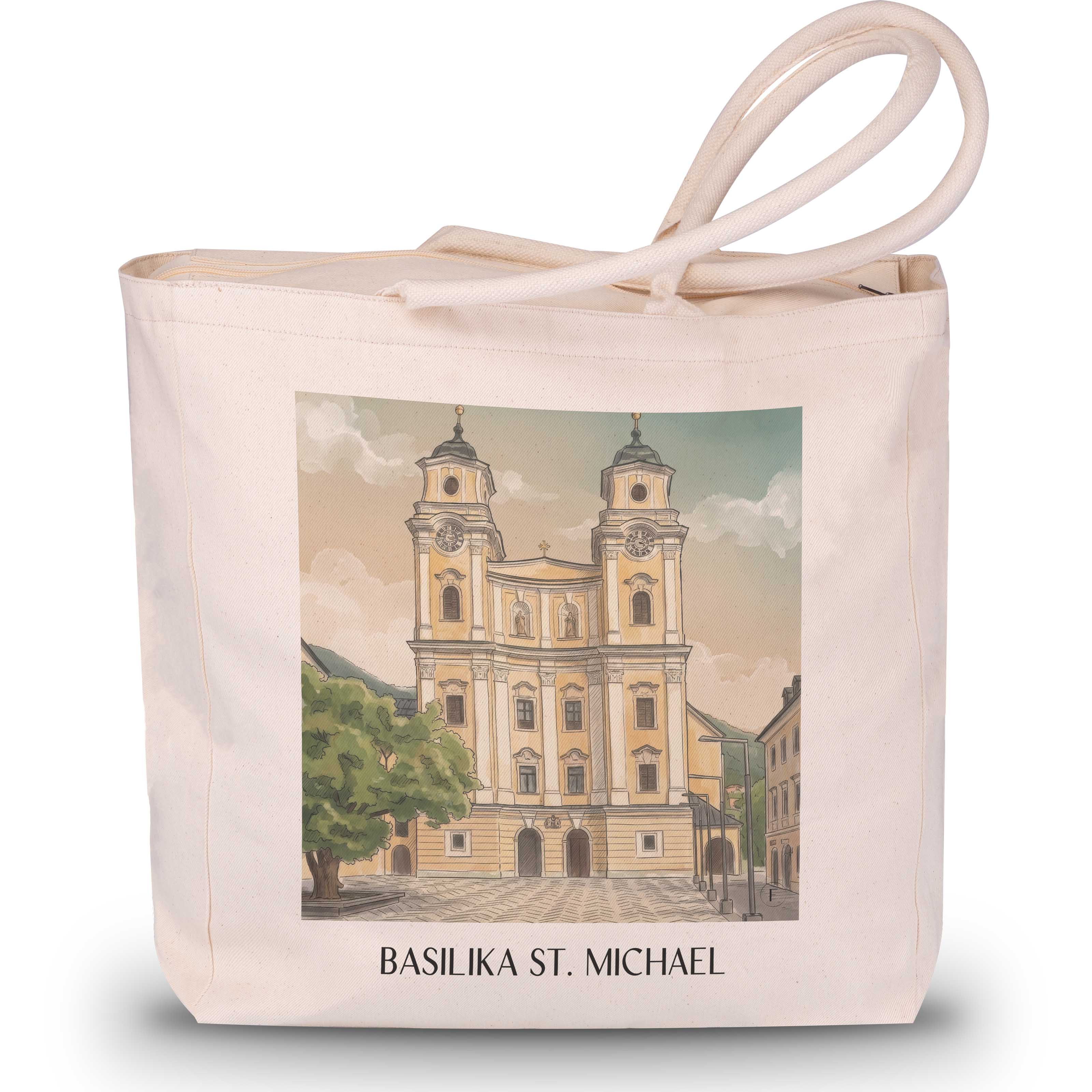 basilika-st.-michael-mondsee-österreich-einkaufstasche-aquarell