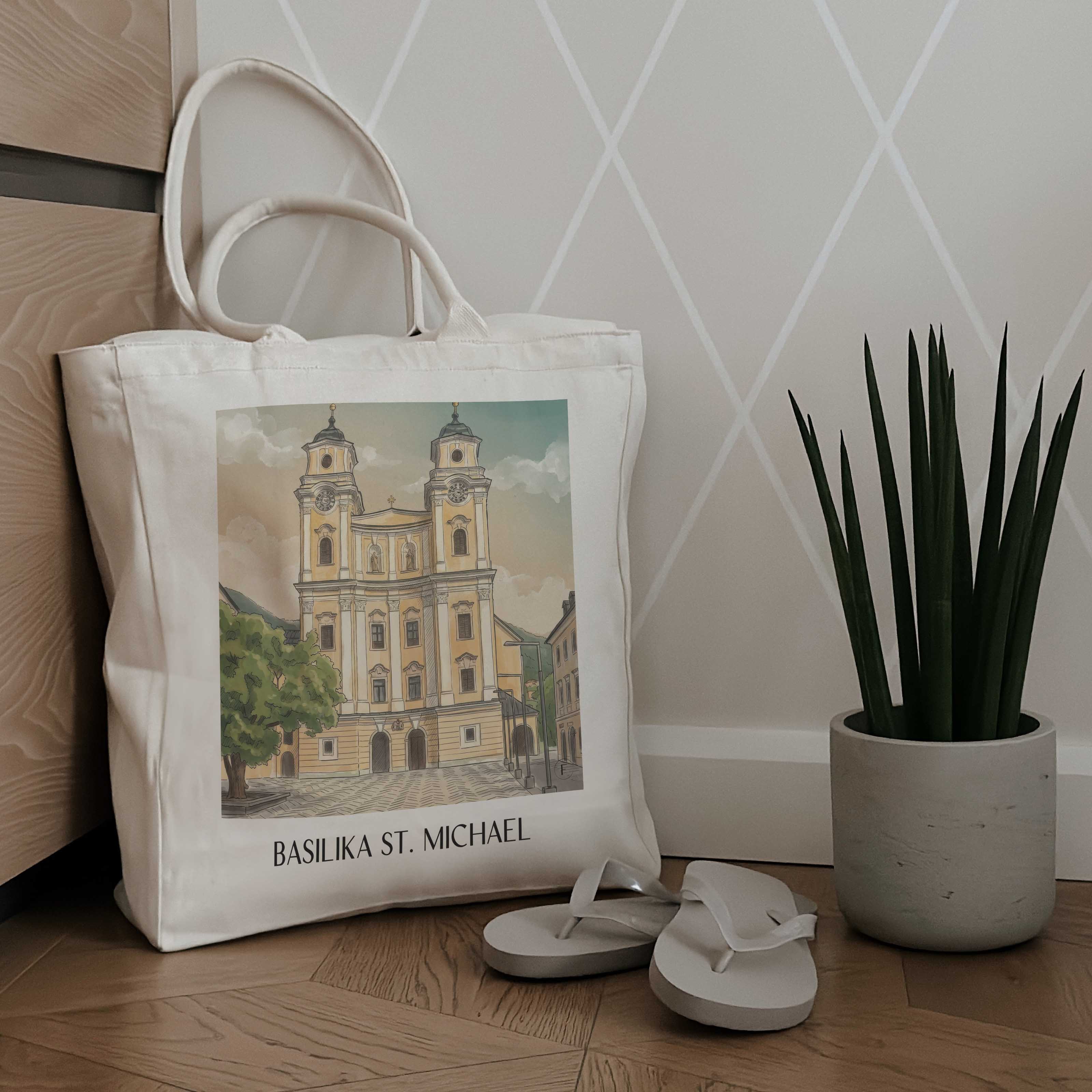 basilika-st.-michael-mondsee-österreich-einkaufstasche-aquarell