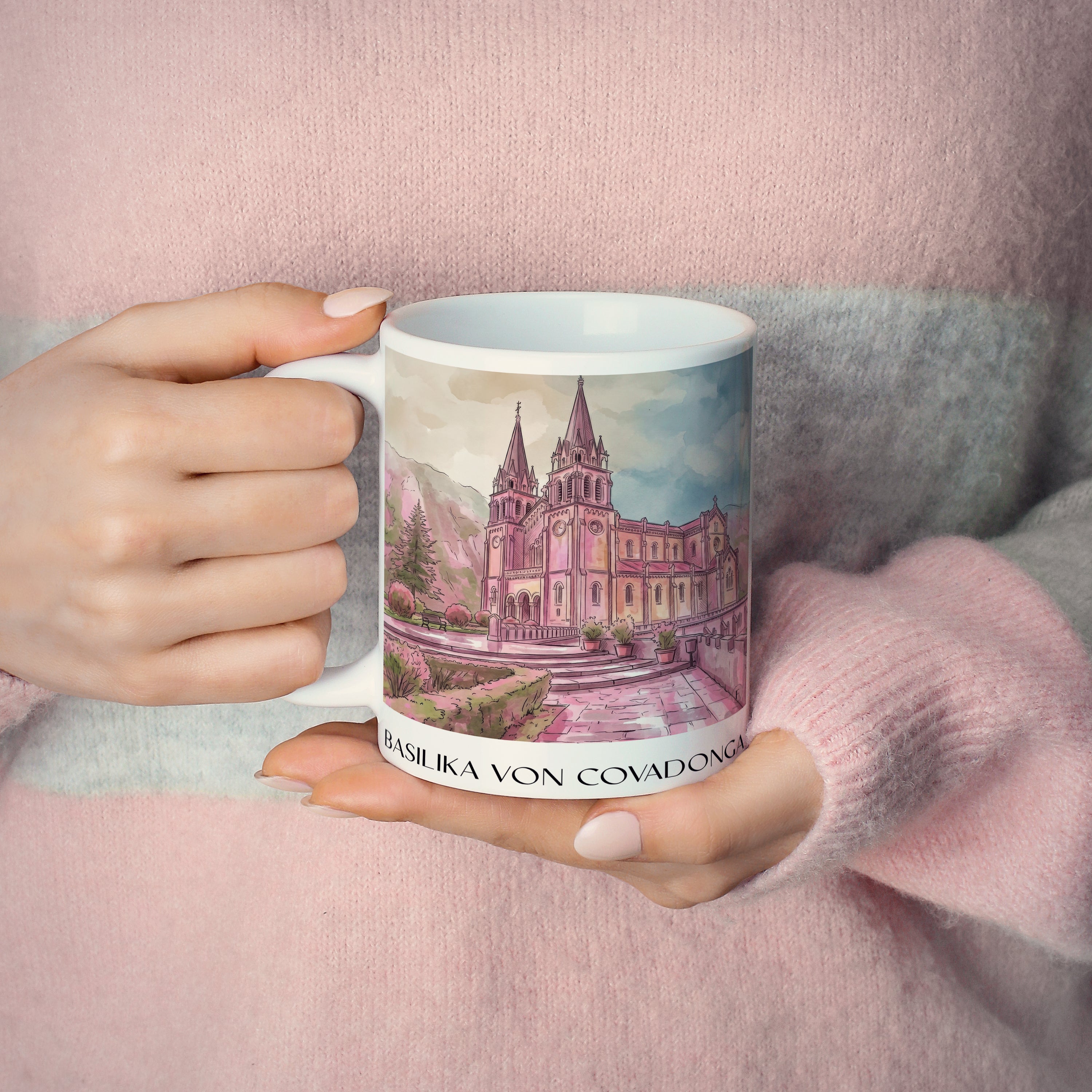 basilika-von-covadonga-spanien-spanien-kaffeebecher-aquarell-pink-rosa