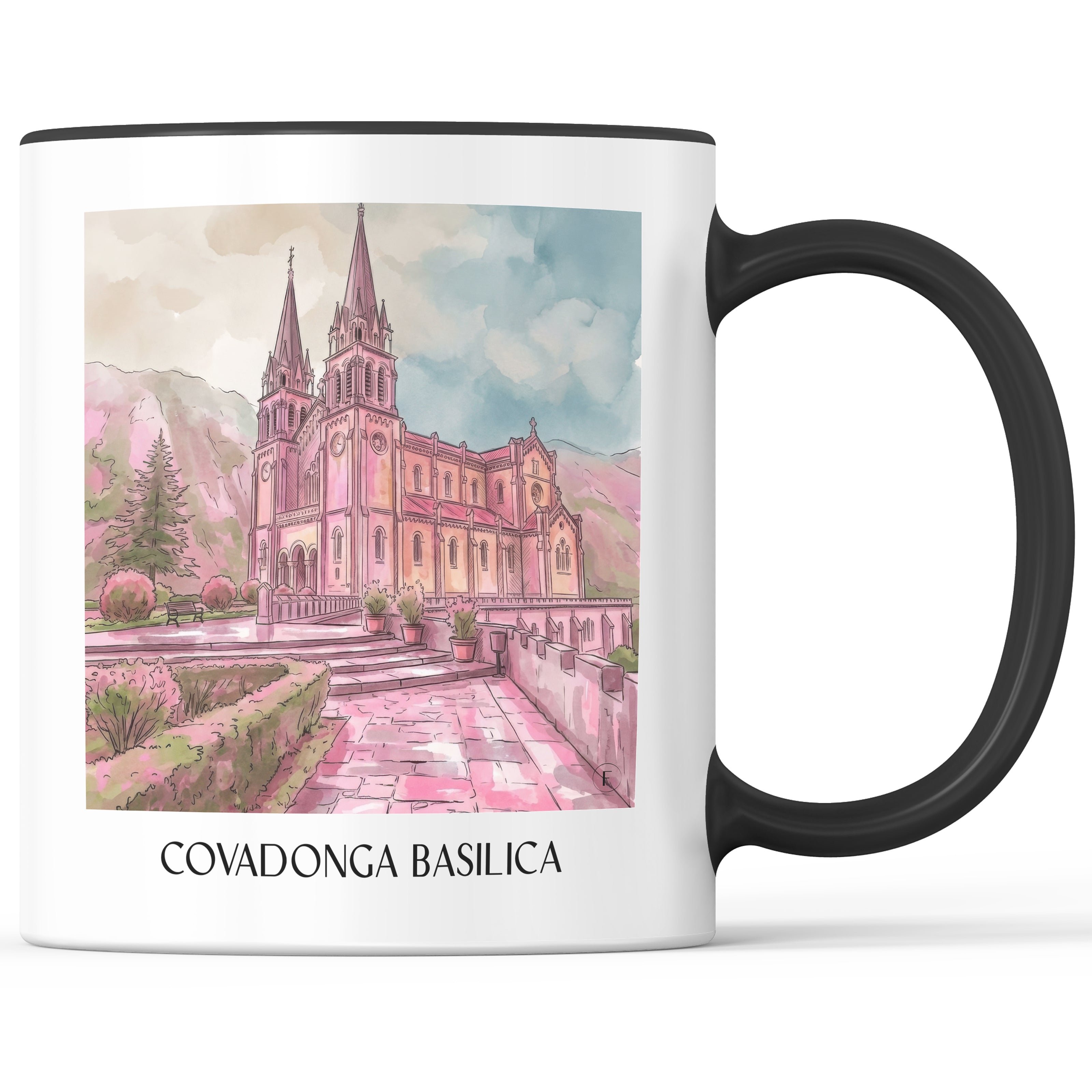 Basilika von Covadonga Kaffeebecher - Spanien - Spanien Becher - Kaffeetasse im Aquarell Pink Stil - favplace