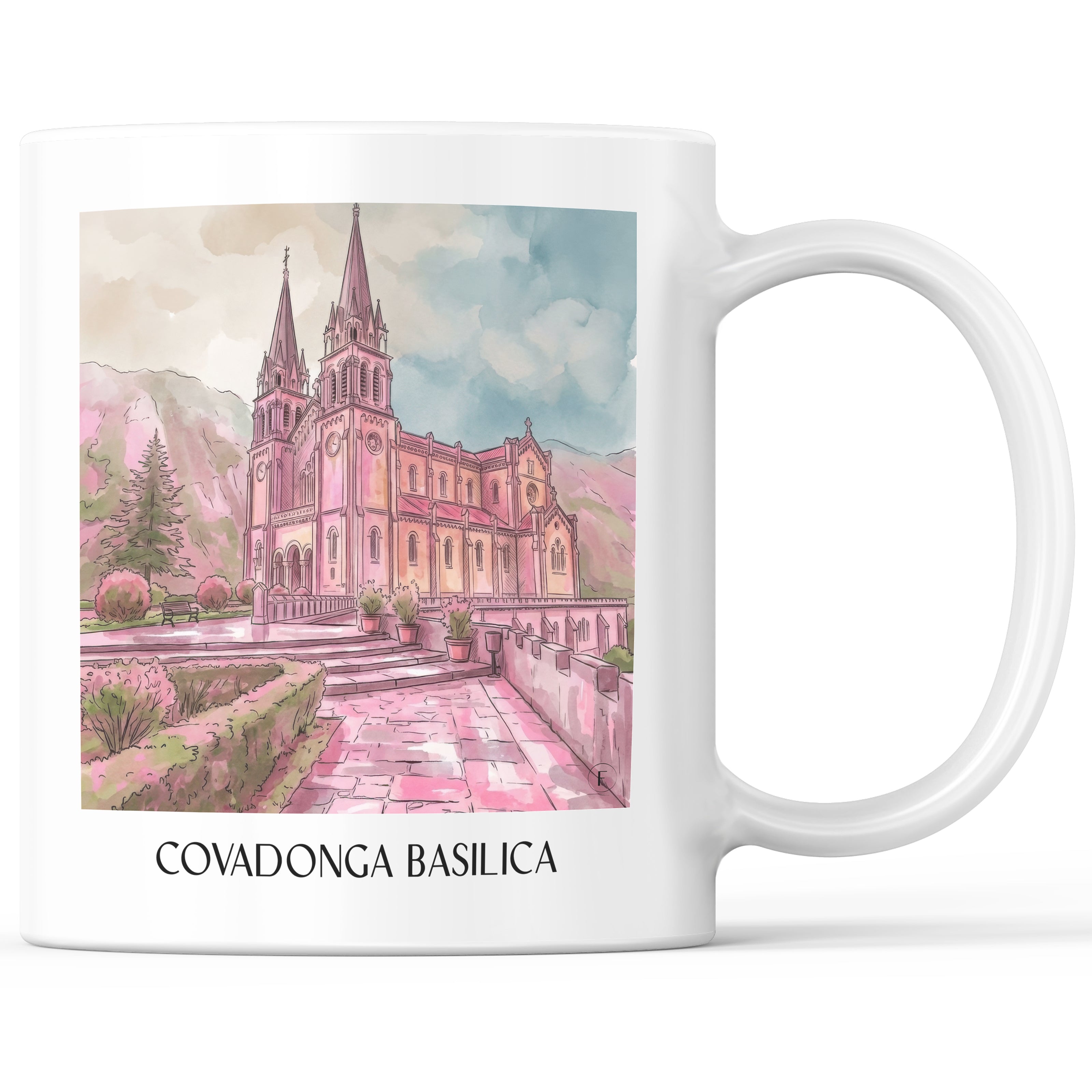 Basilika von Covadonga Kaffeebecher - Spanien - Spanien Becher - Kaffeetasse im Aquarell Pink Stil - favplace