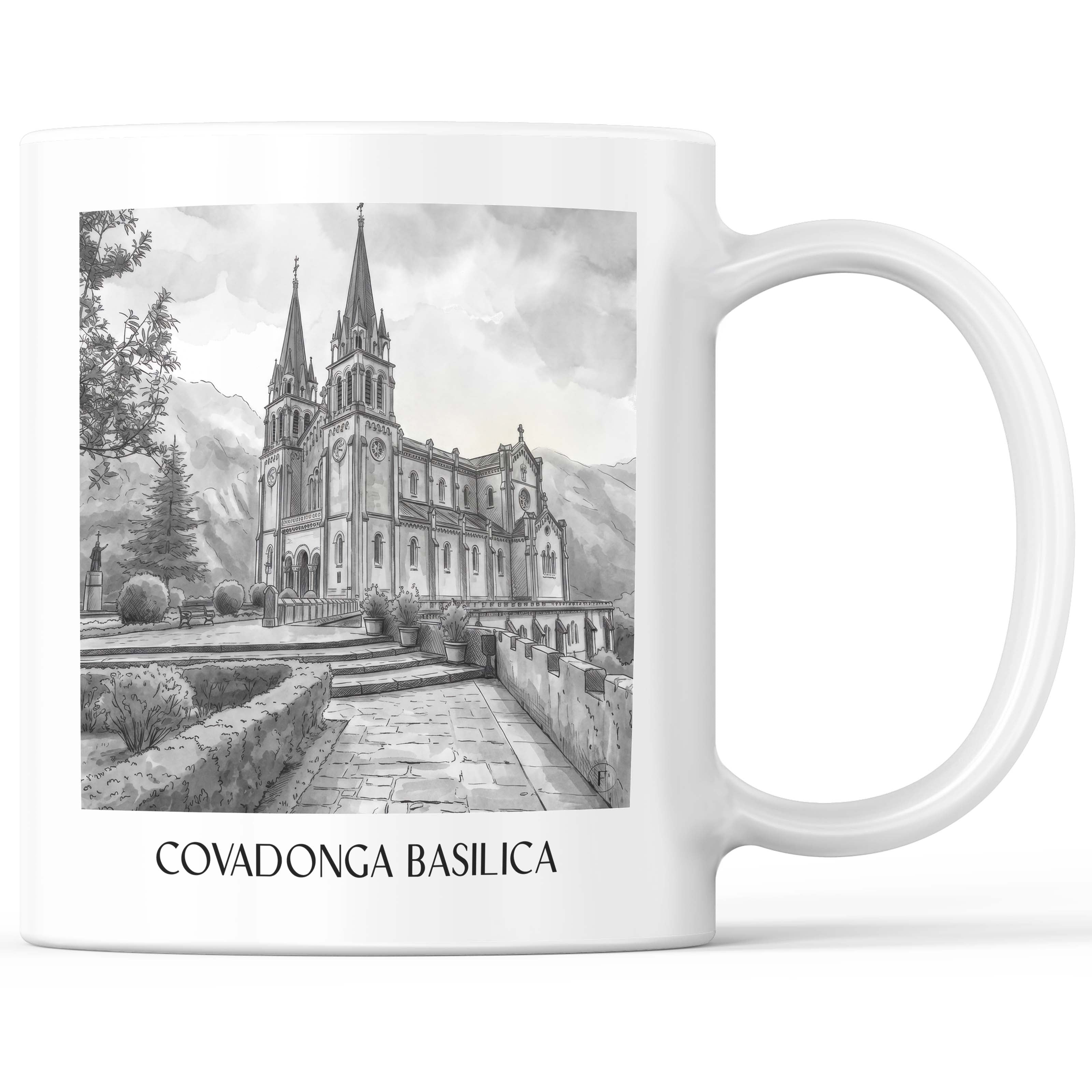 Basilika von Covadonga Kaffeebecher - Spanien - Spanien Becher - Kaffeetasse im Aquarell Schwarz-Weiß Stil - favplace