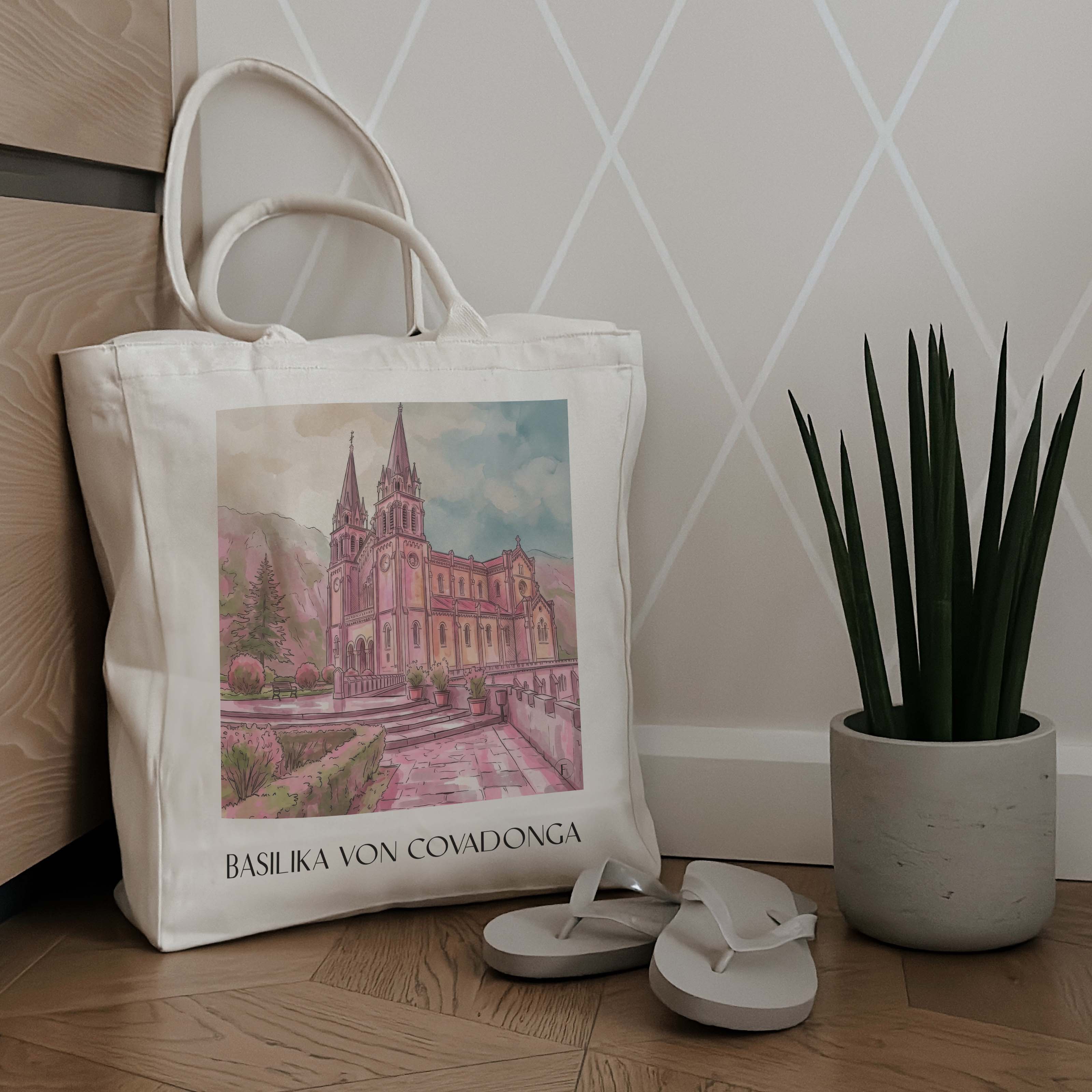 basilika-von-covadonga-spanien-spanien-und-spanien-einkaufstasche-aquarell-pink-rosa