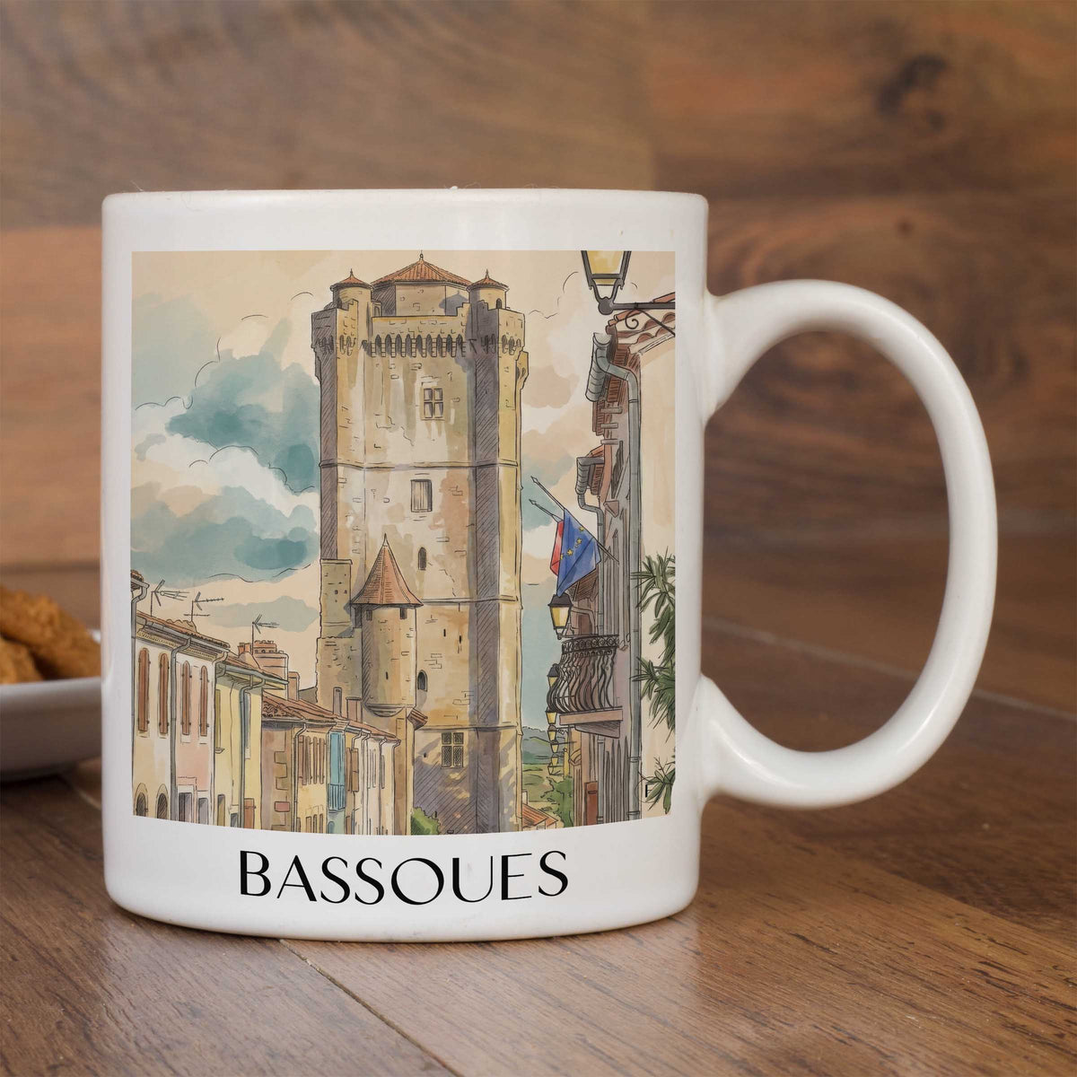 bassoues-okzitanien-frankreich-kaffeebecher-aquarell