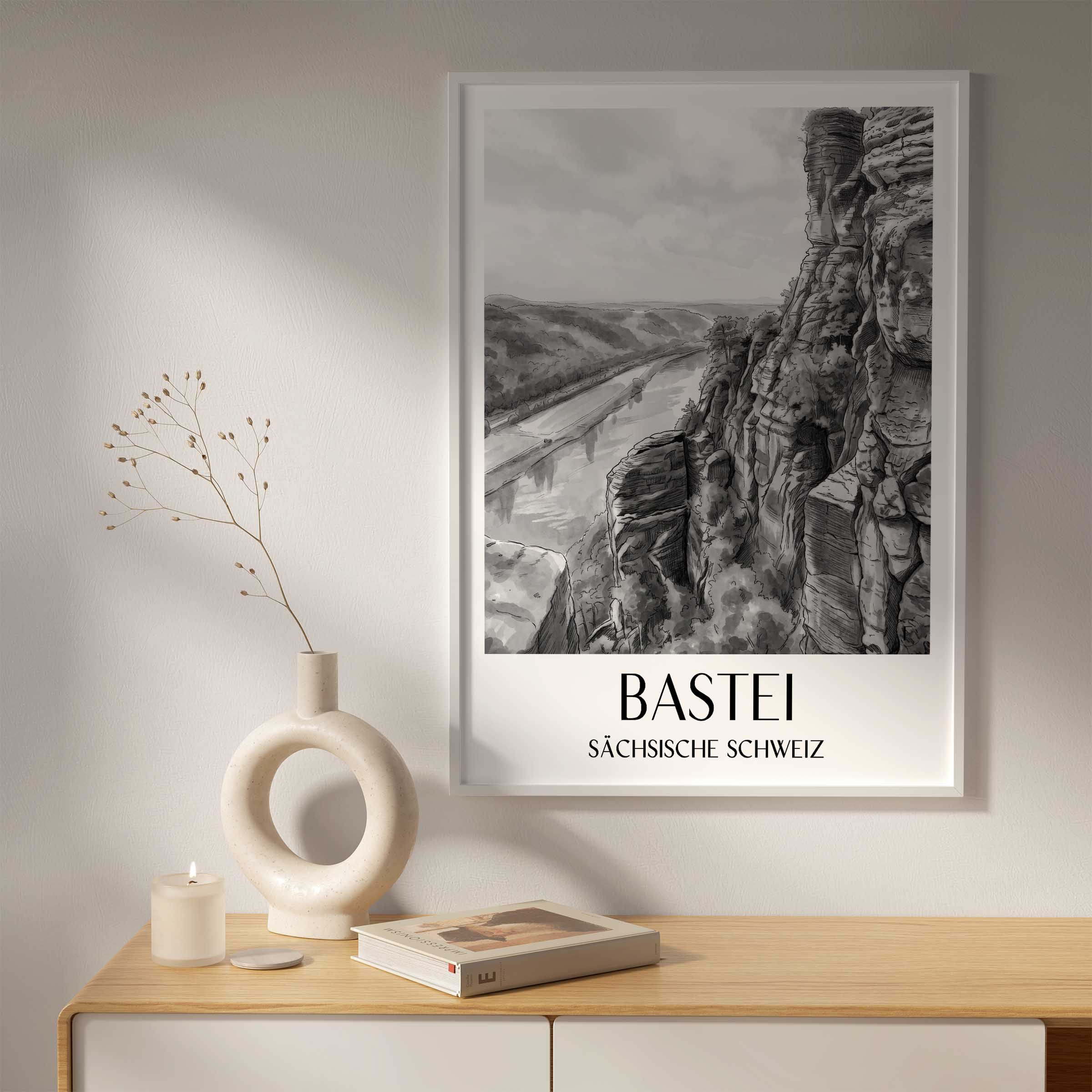 bastei-sächsische-schweiz-deutschland-poster-aquarell-schwarz-weiss