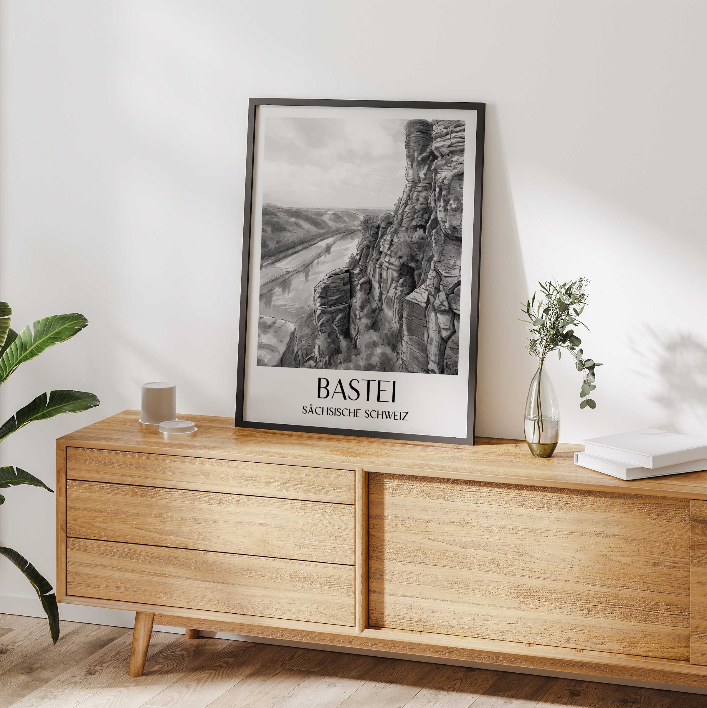 bastei-sächsische-schweiz-deutschland-poster-aquarell-schwarz-weiss