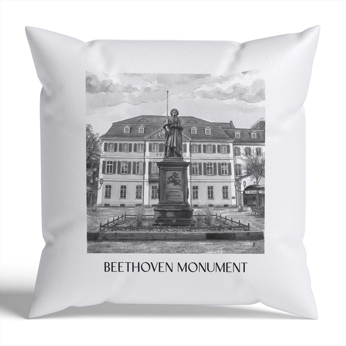 Beethoven-Denkmal Kissenhülle - Zierkissen Bezug - Bonn - Deutschland Kissen bzw. Kissenbezug im Aquarell Schwarz-Weiß Stil - favplace