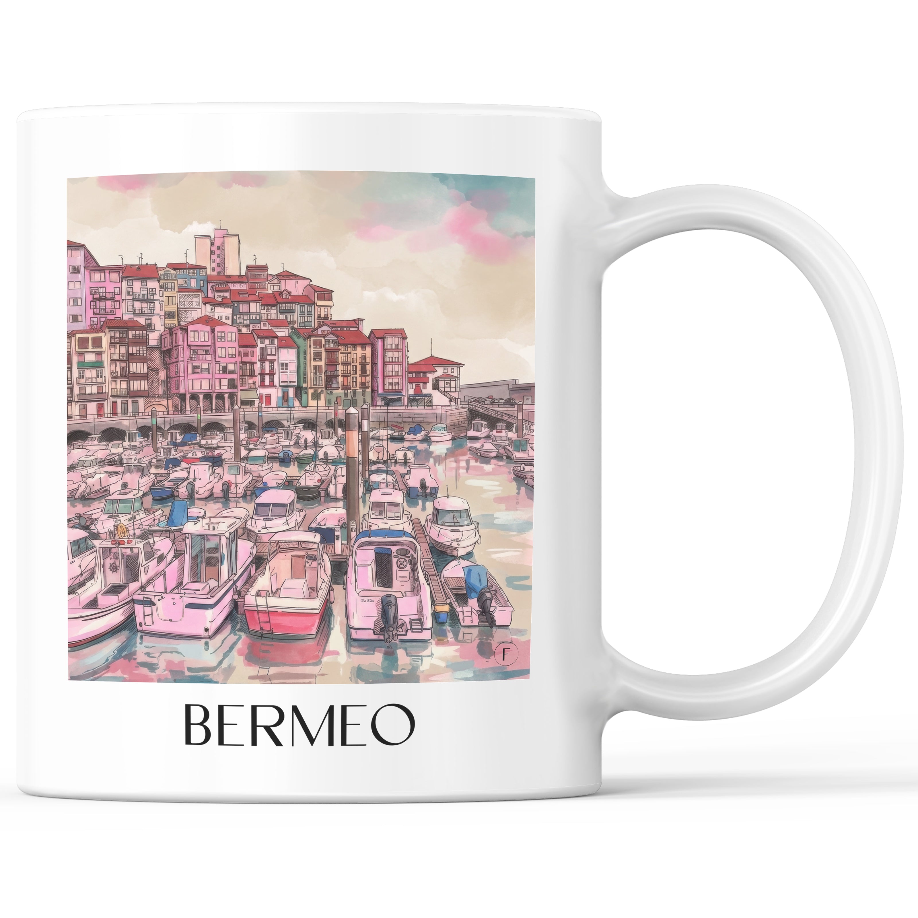 Bermeo Kaffeebecher - Spanien - Spanien und Spanien Becher - Kaffeetasse im Aquarell Pink Stil - favplace