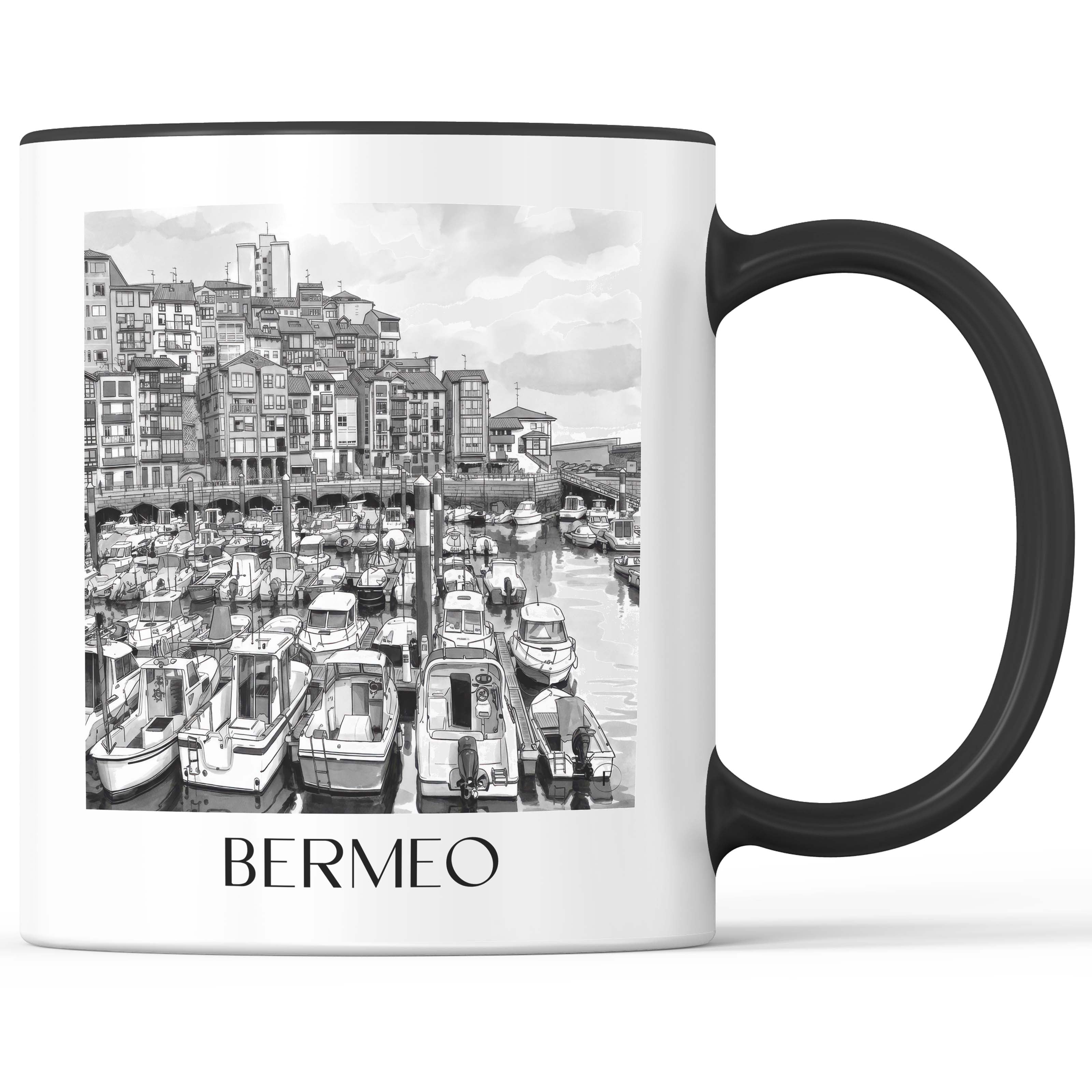 Bermeo Kaffeebecher - Spanien - Spanien und Spanien Becher - Kaffeetasse im Aquarell Schwarz-Weiß Stil - favplace
