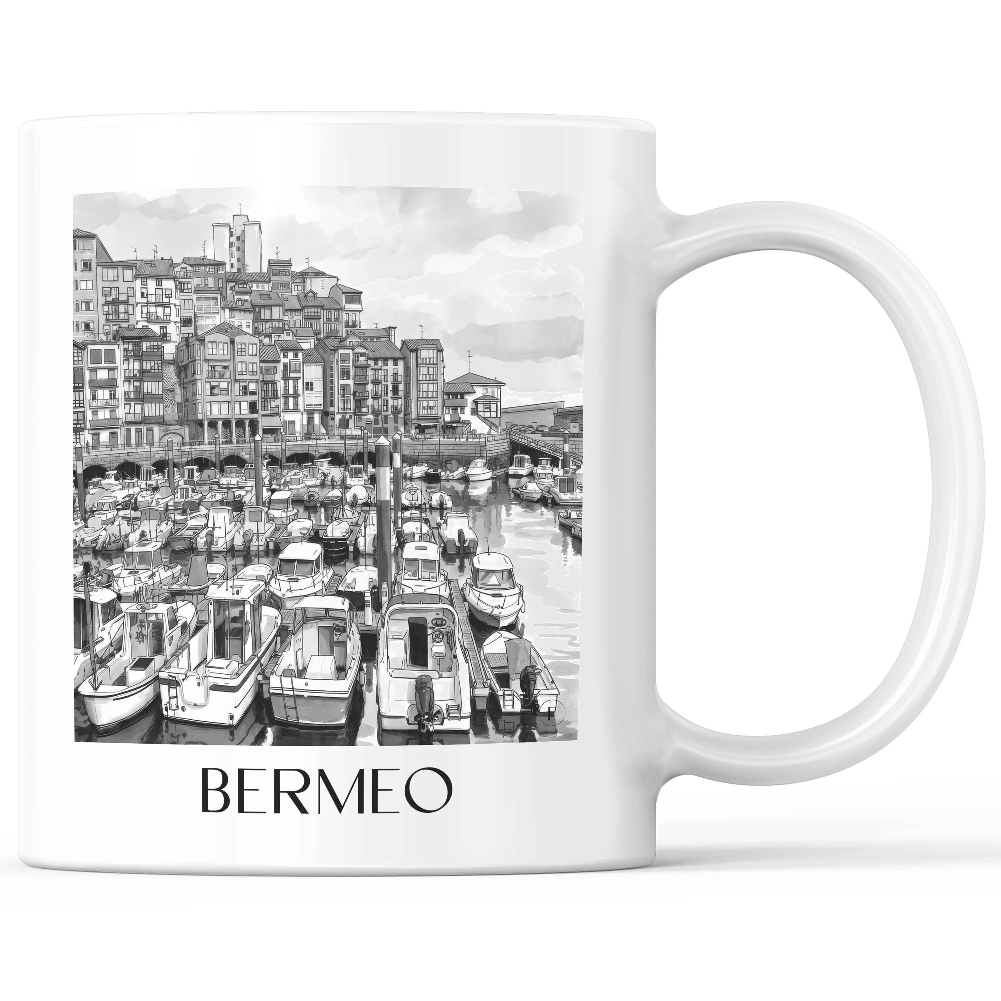 Bermeo Kaffeebecher - Spanien - Spanien und Spanien Becher - Kaffeetasse im Aquarell Schwarz-Weiß Stil - favplace